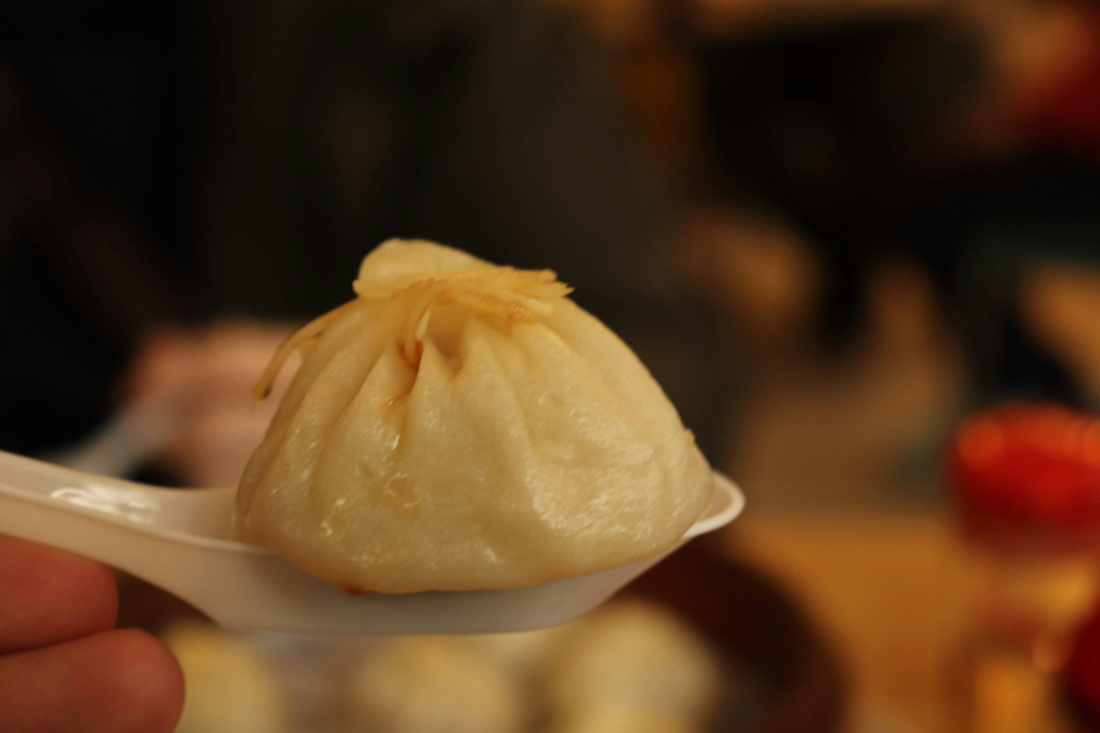 A soup dumpling resting on a spoon