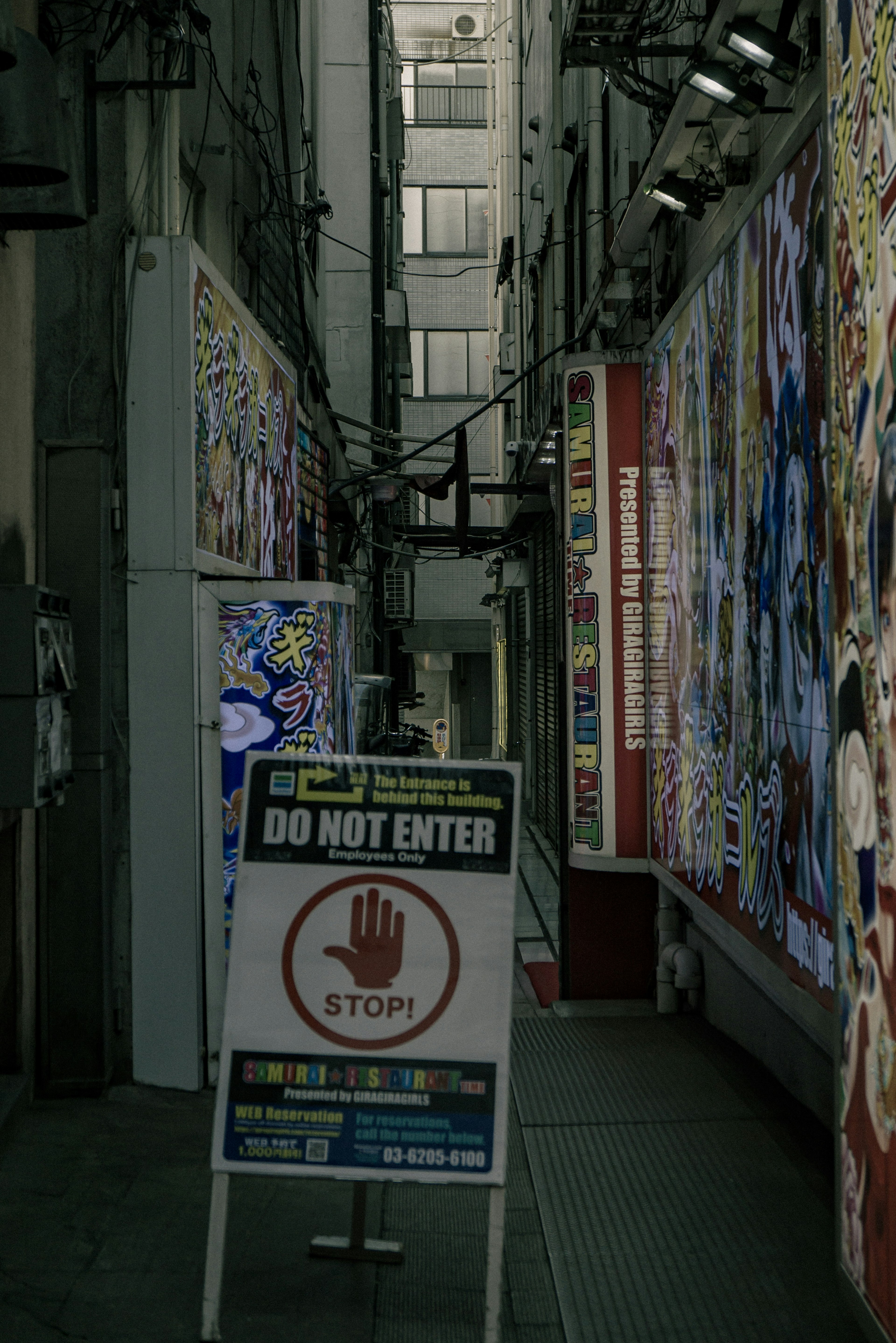 Narrow alley with a Do Not Enter sign and colorful murals on the walls