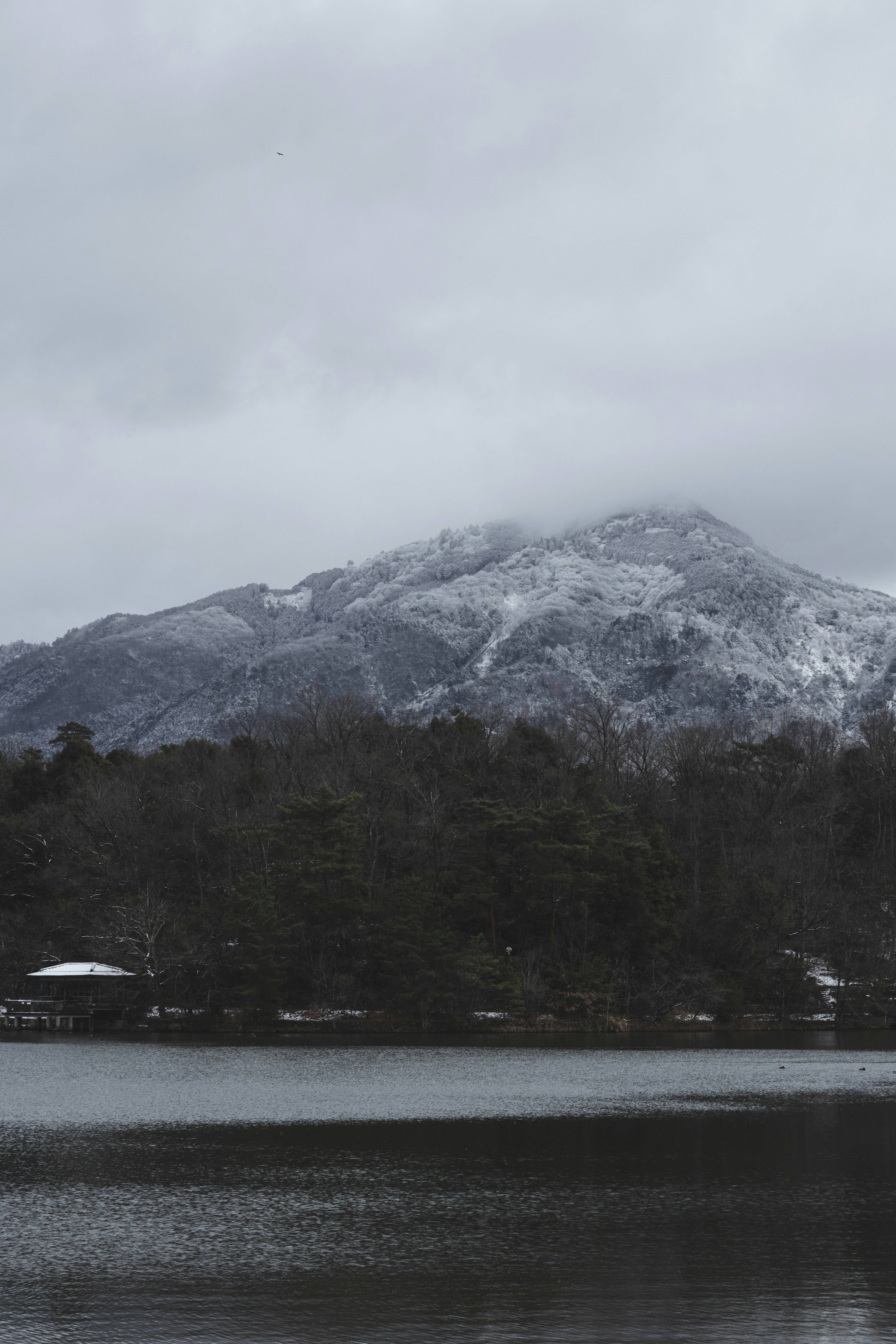 Snow-covered mountain with a tranquil lake in the foreground