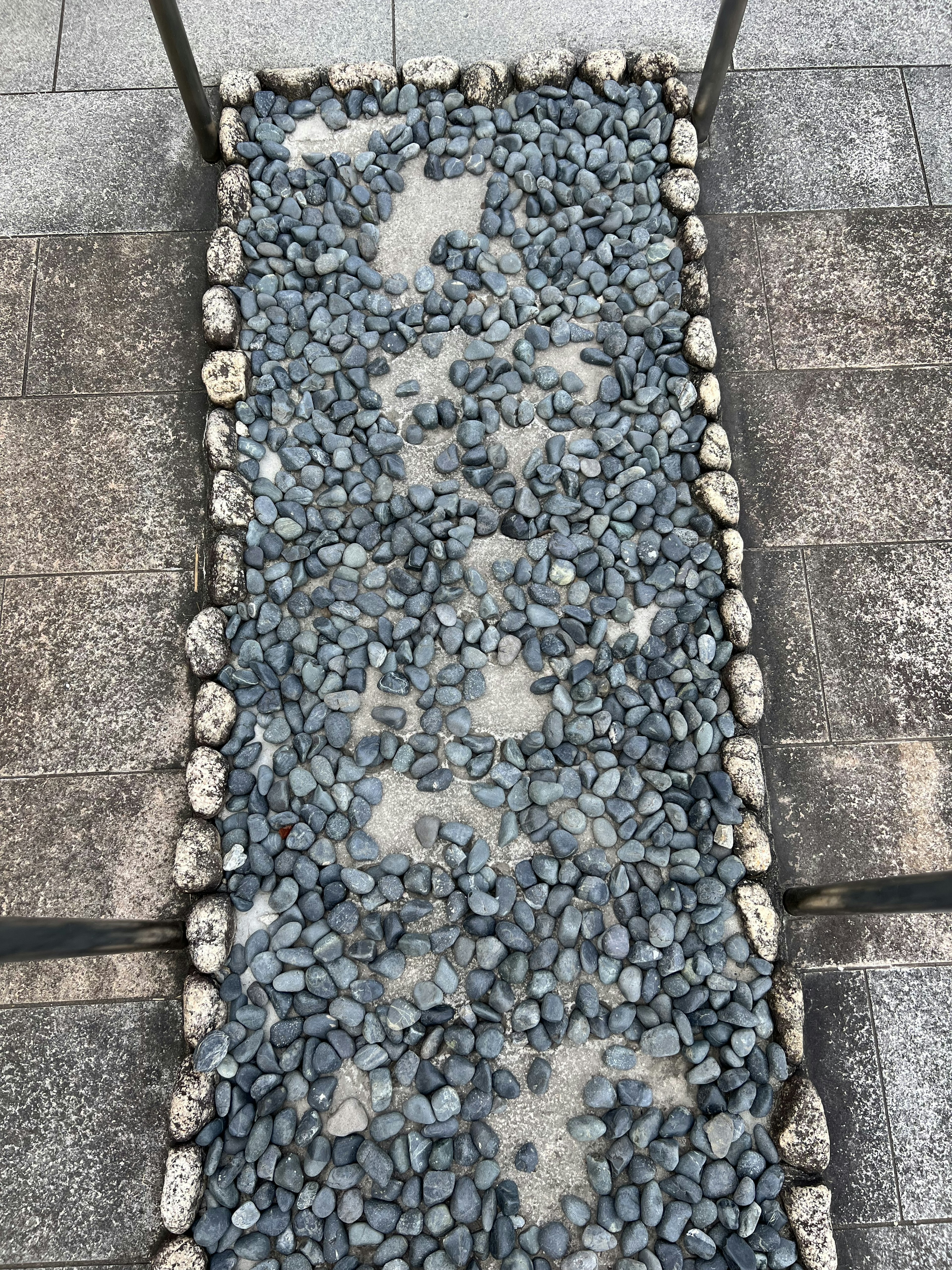 A top-down view of a pathway covered with small pebbles