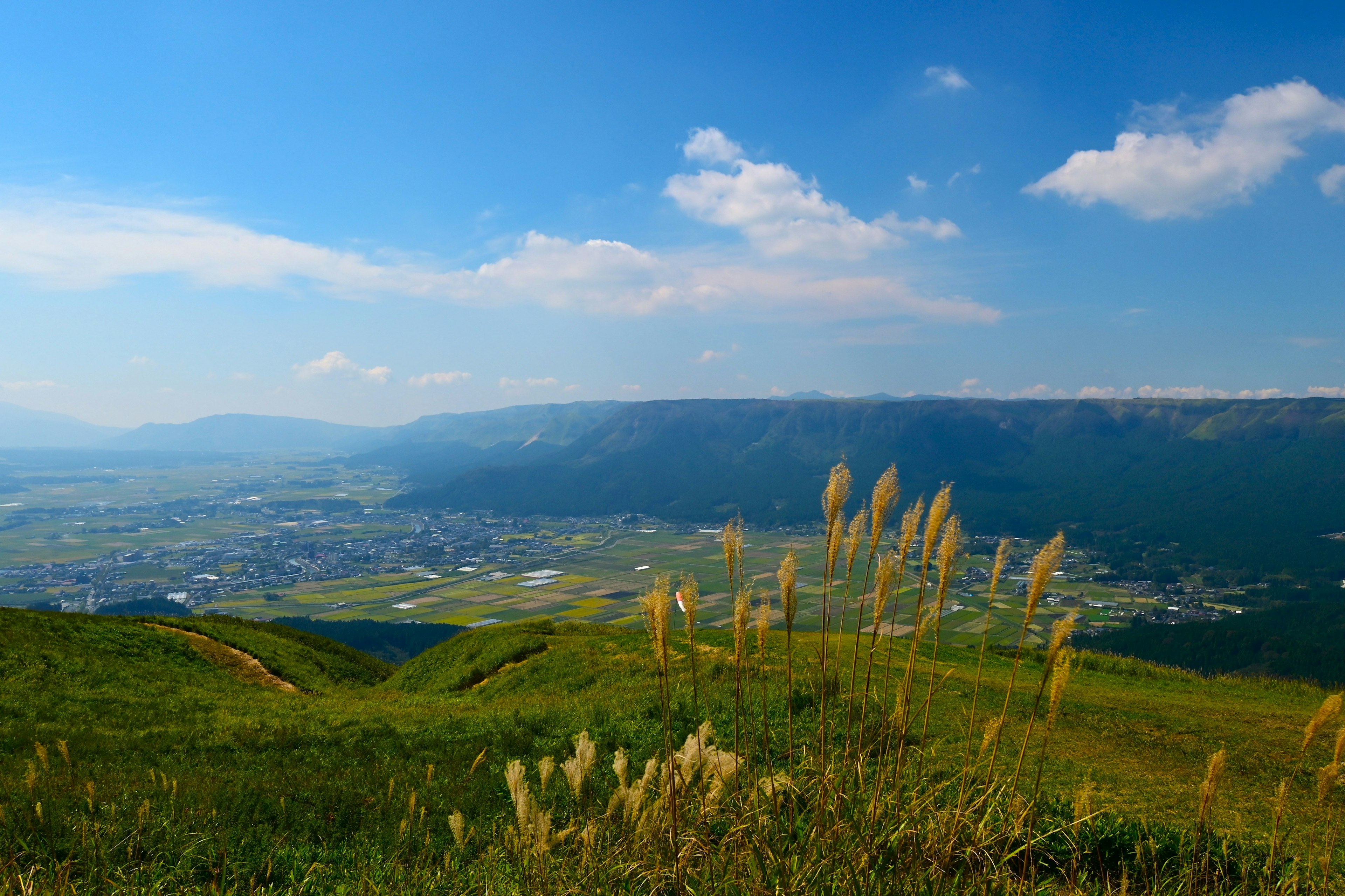 青空の下に広がる緑色の草原と山々の眺め