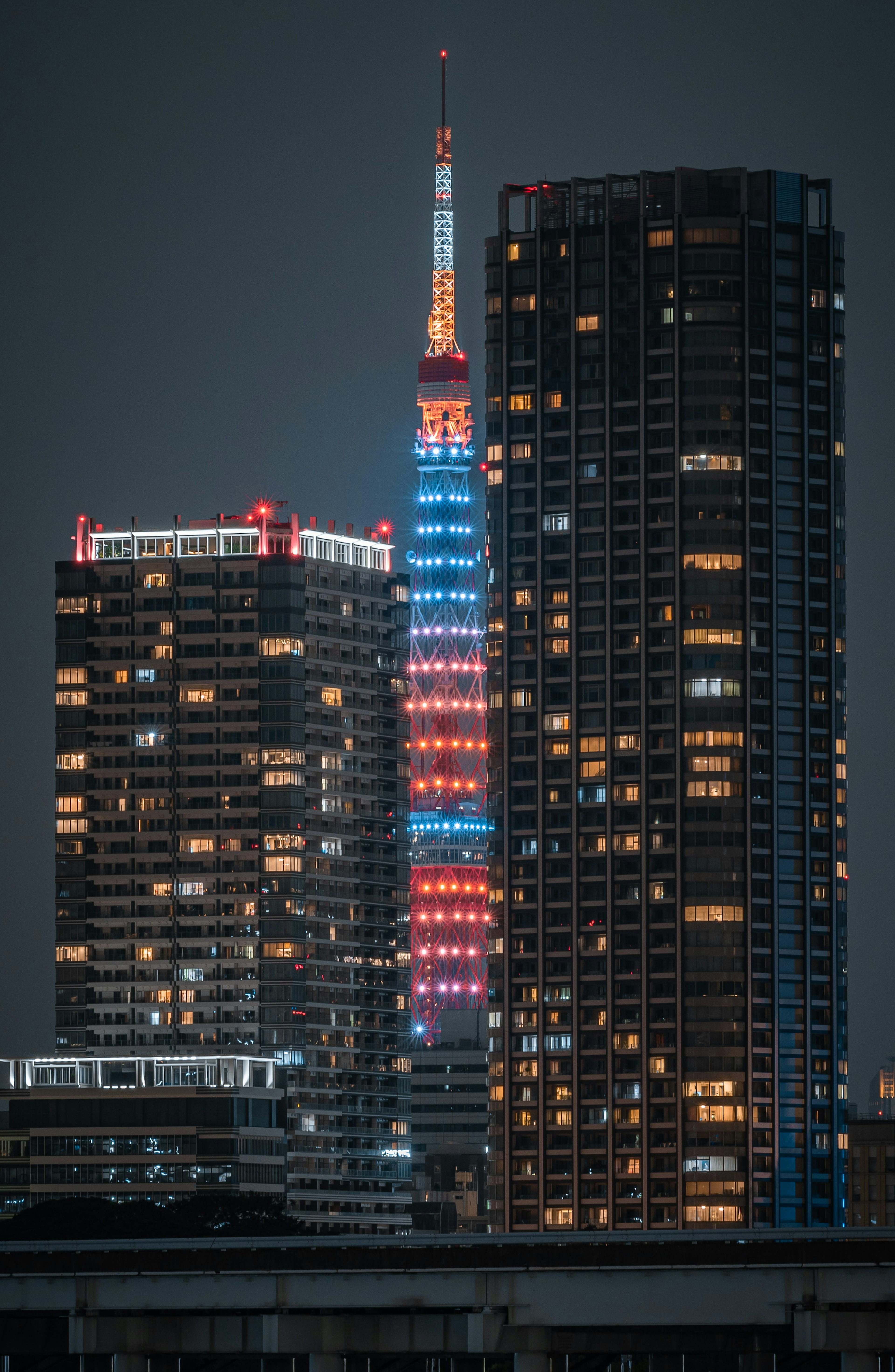 東京タワーとビルの夜景　カラフルなライトアップ