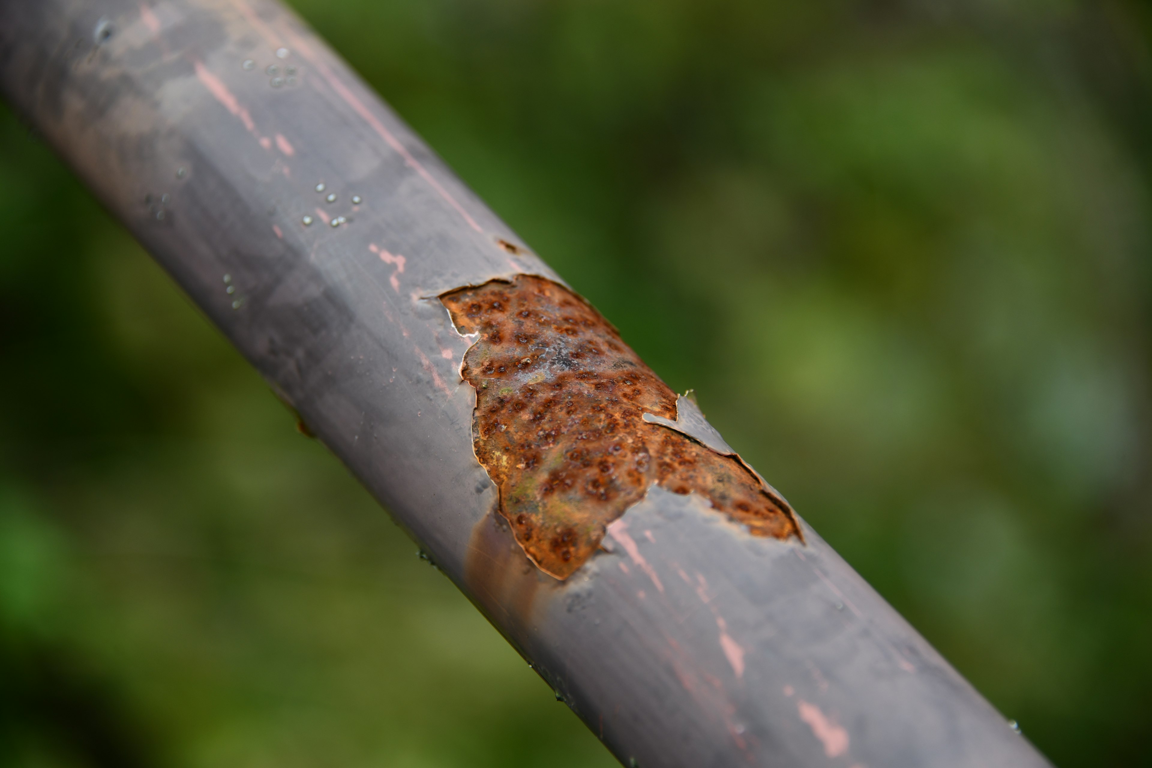 Nahaufnahme eines rostigen Metallrohrs mit grünem Hintergrund