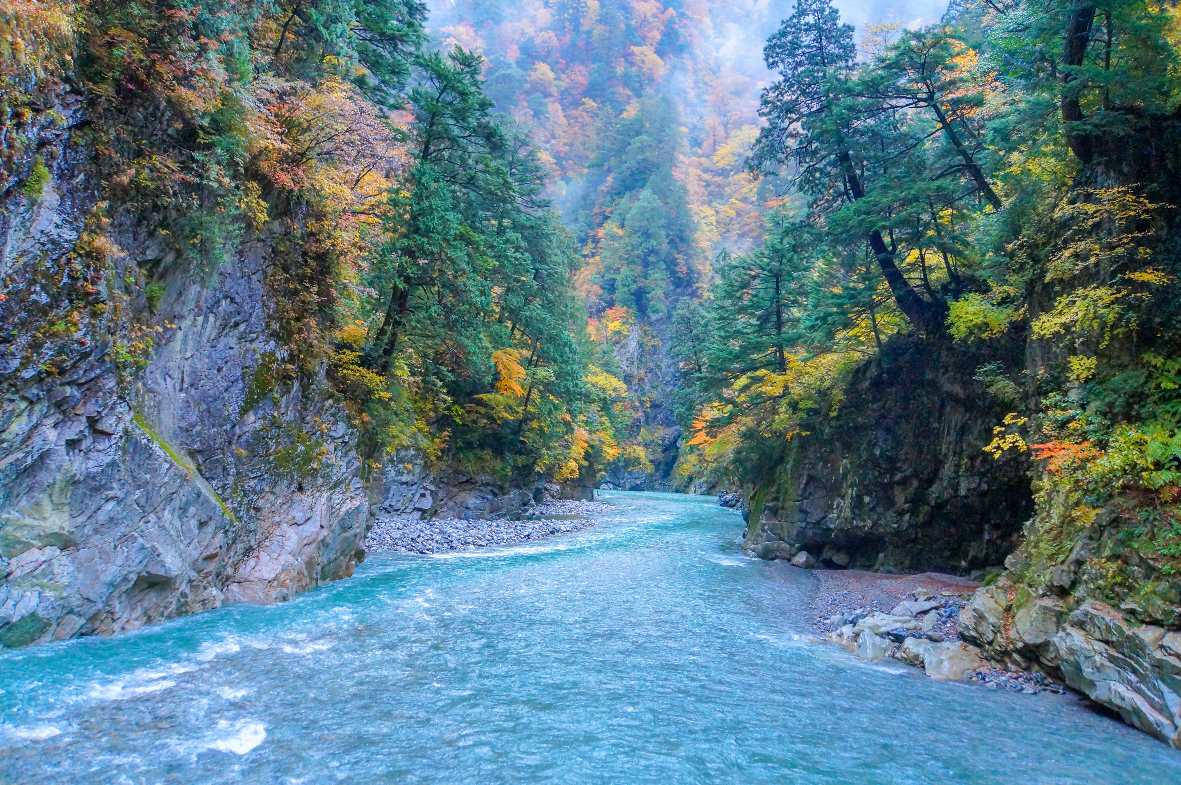 Landschaftsansicht eines blauen Flusses, der durch eine Schlucht mit Herbstlaub fließt