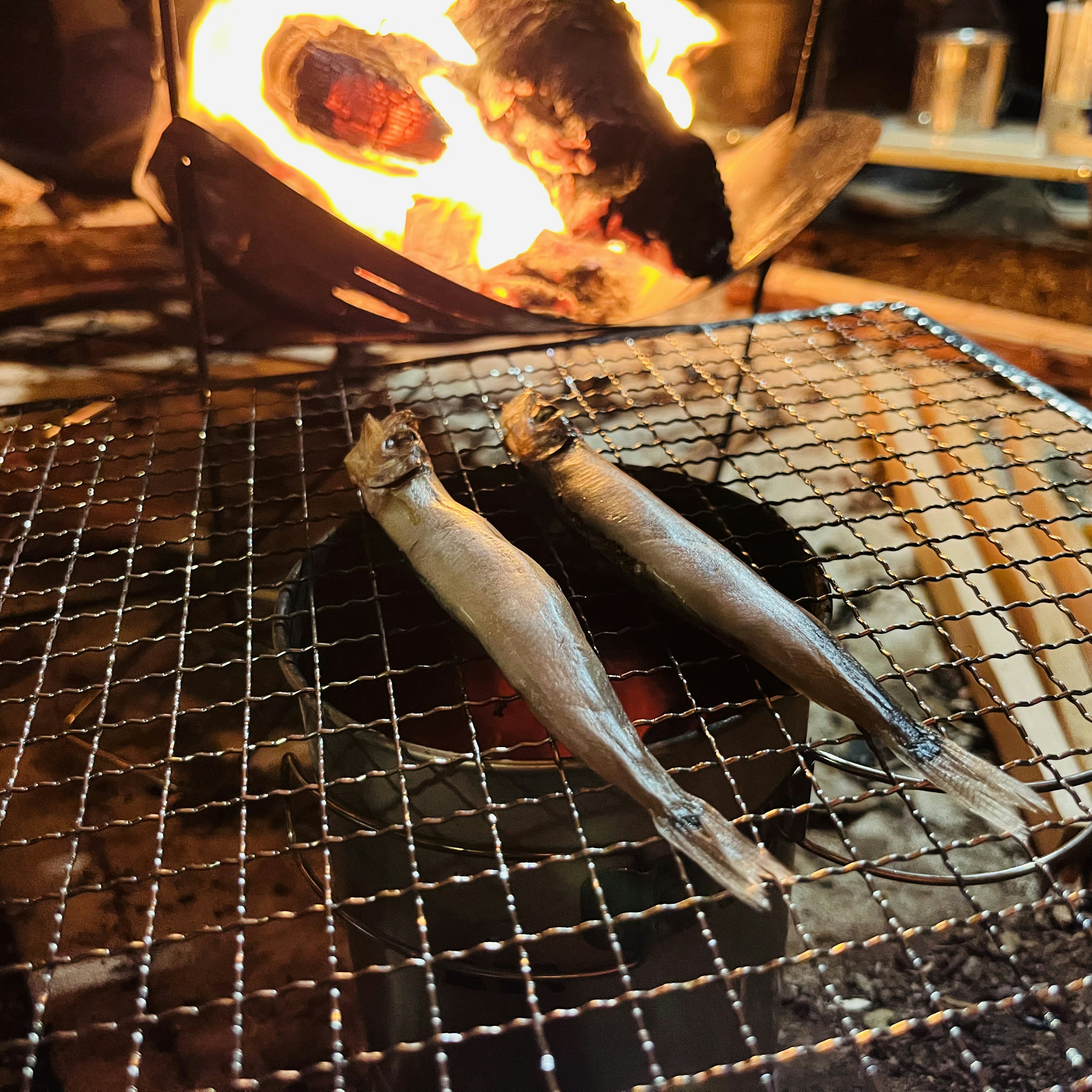 Dua ikan yang dipanggang di atas api terbuka dengan api di latar belakang