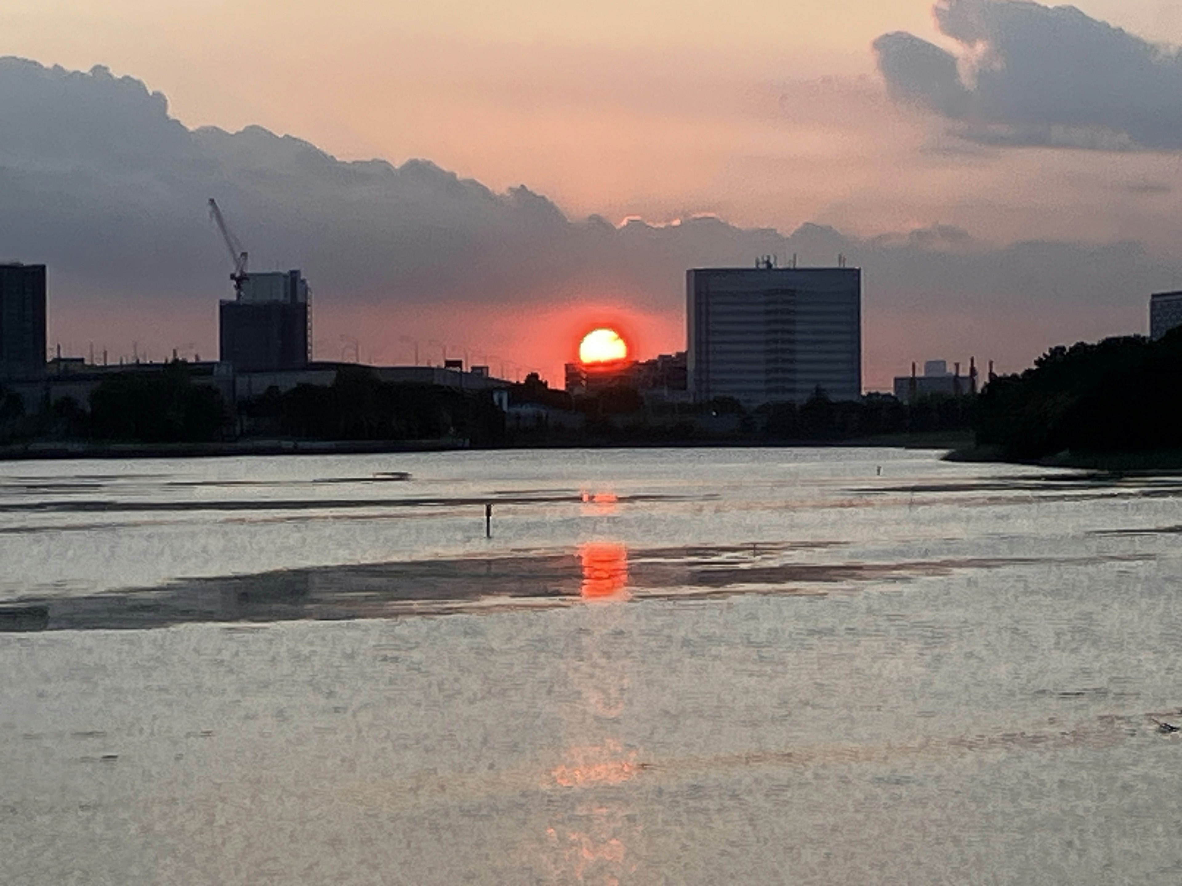 夕日が建物の間から沈む美しい風景 水面に映るオレンジ色の光