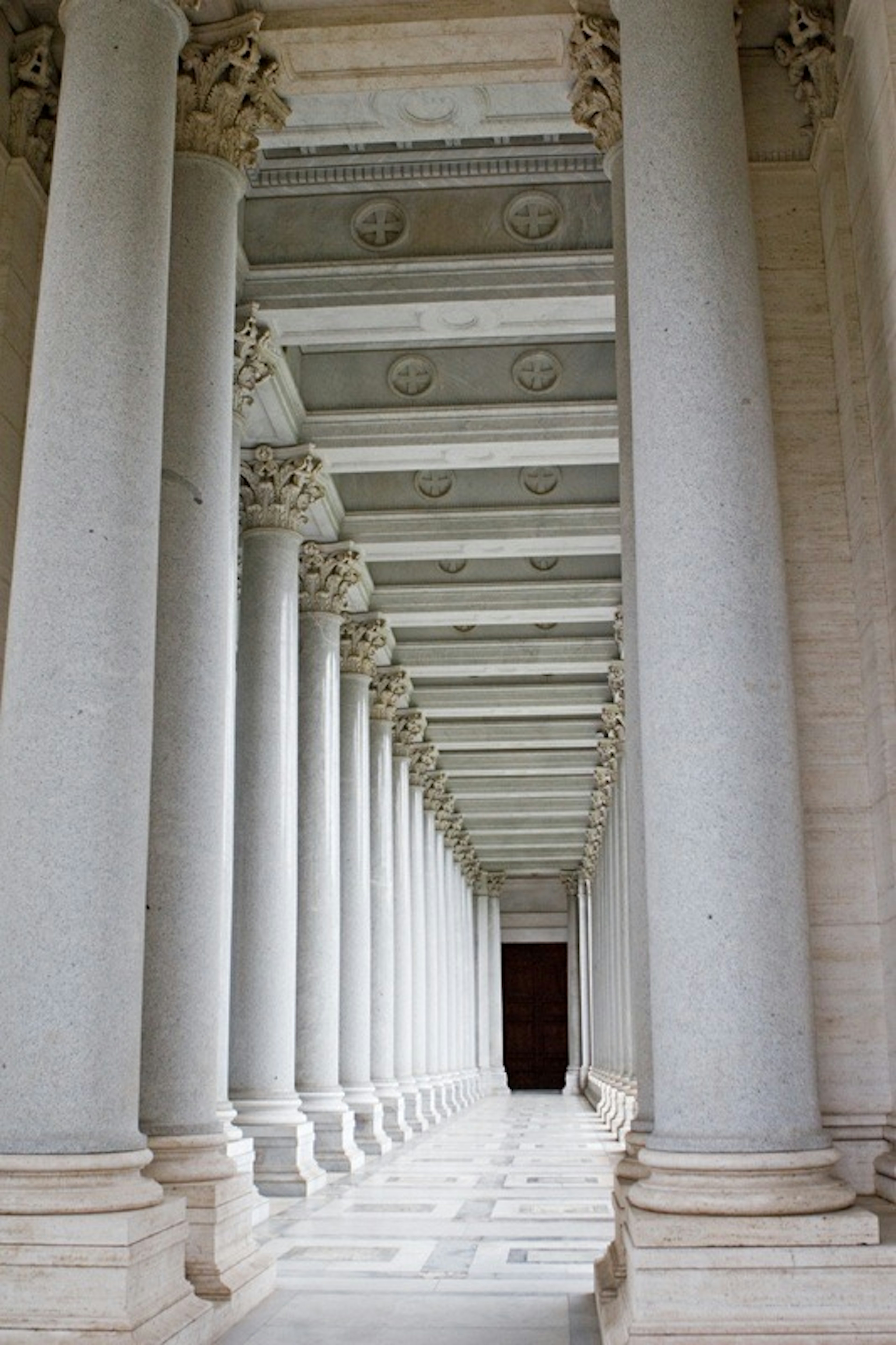 Interior view of a beautiful arcade with aligned columns