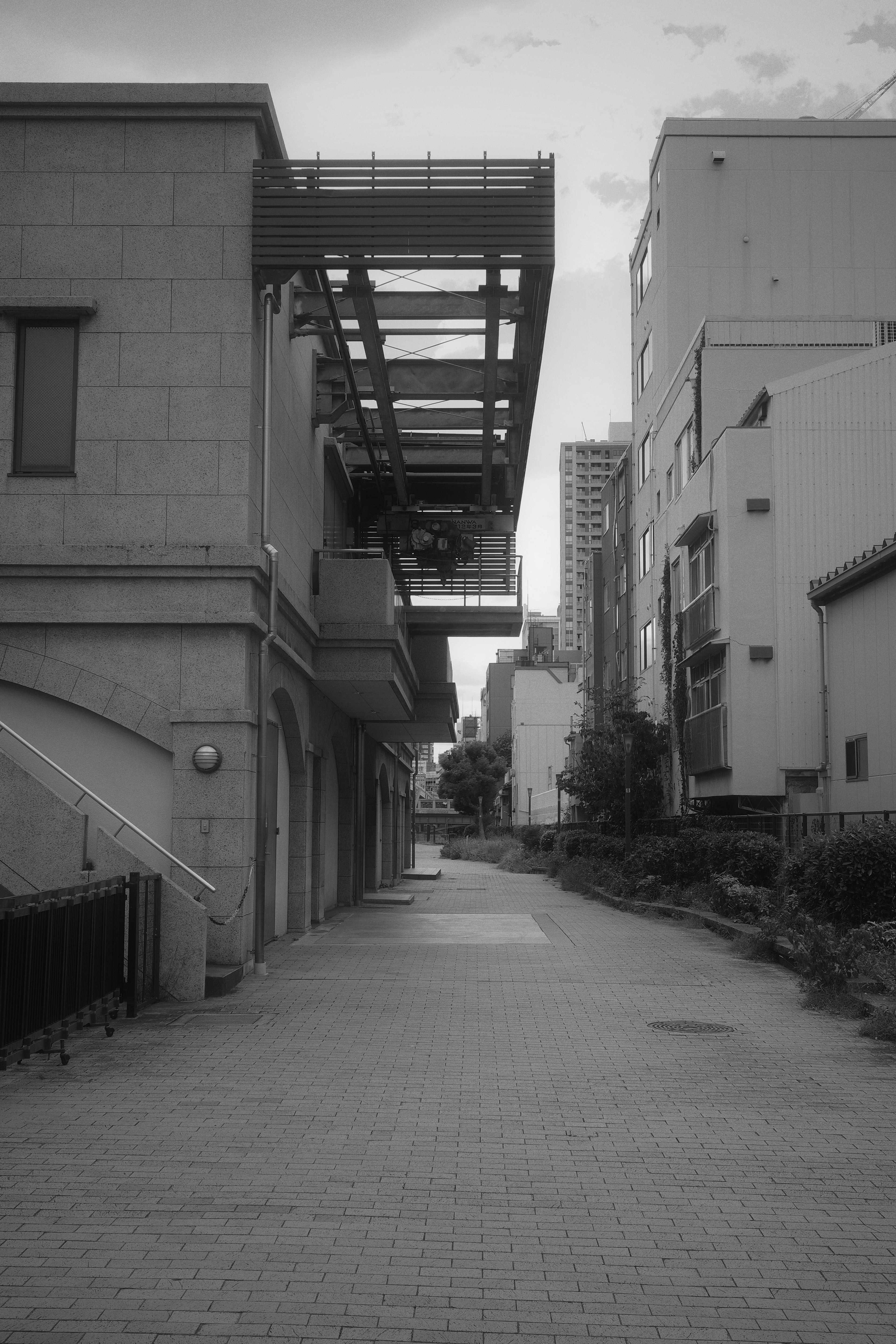 Rue de la ville en noir et blanc avec des bâtiments