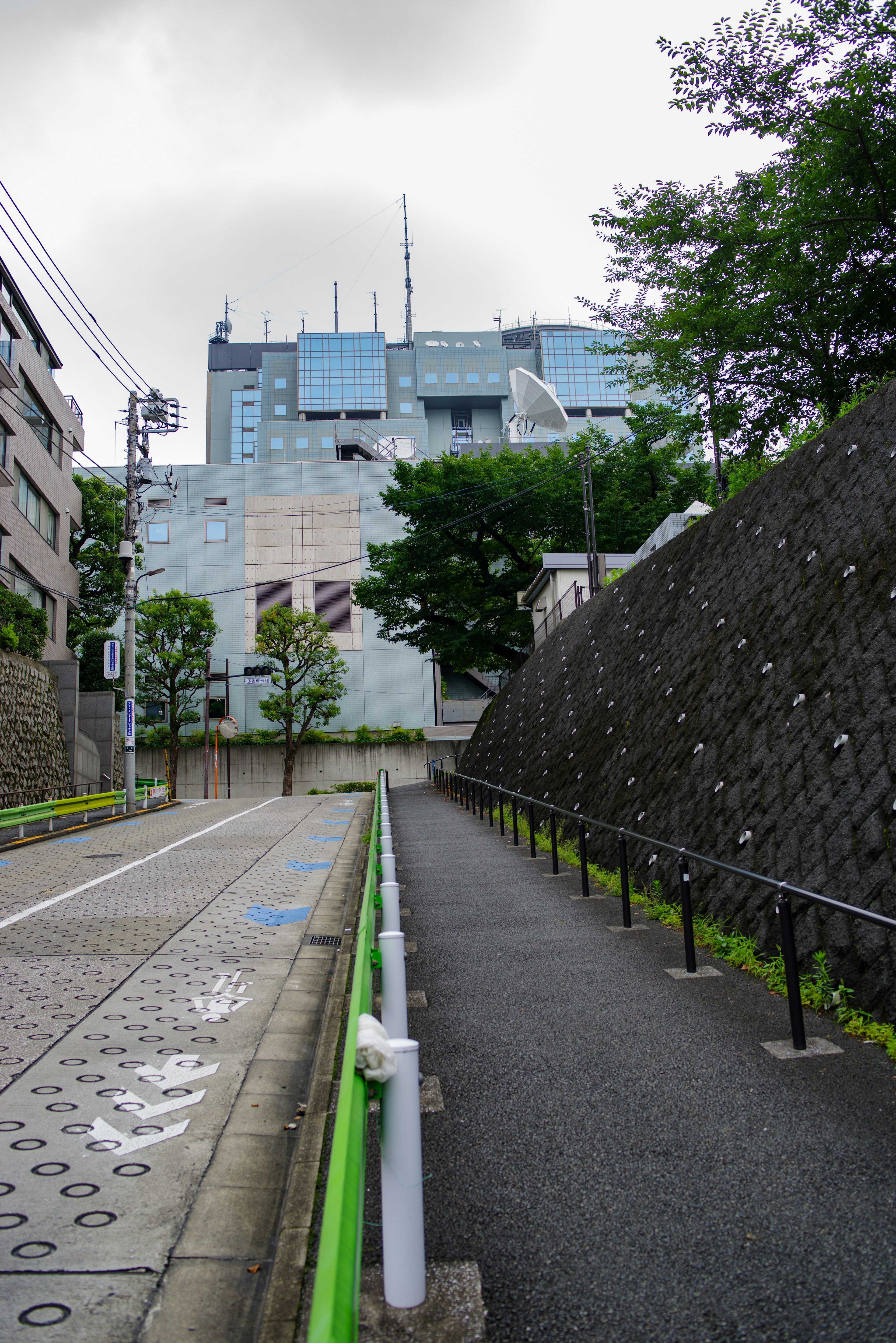 都市の道と緑の植栽がある風景