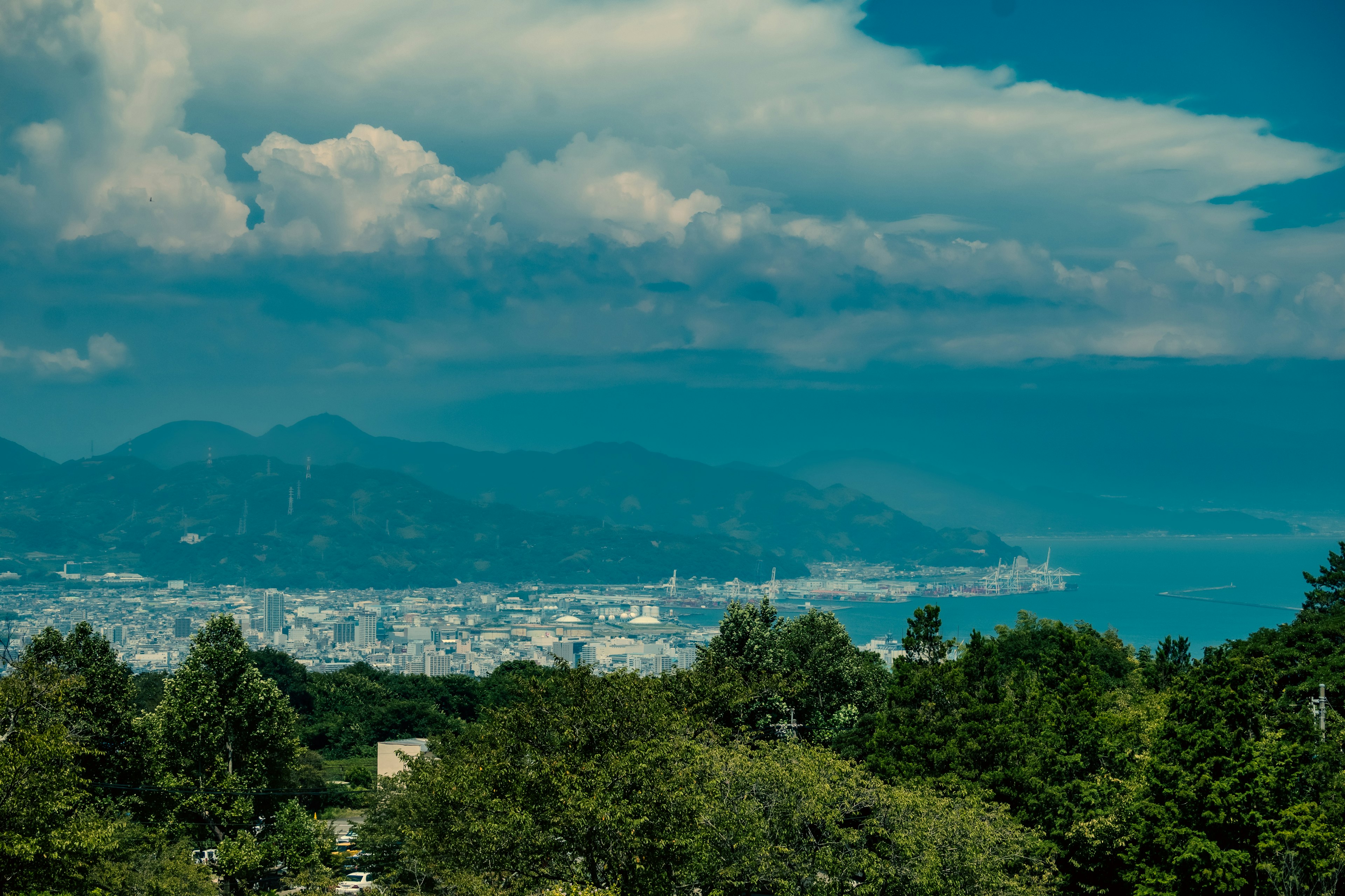 城市風景以藍色海洋和山脈為背景前景為郁郁蔥蔥的綠色樹木