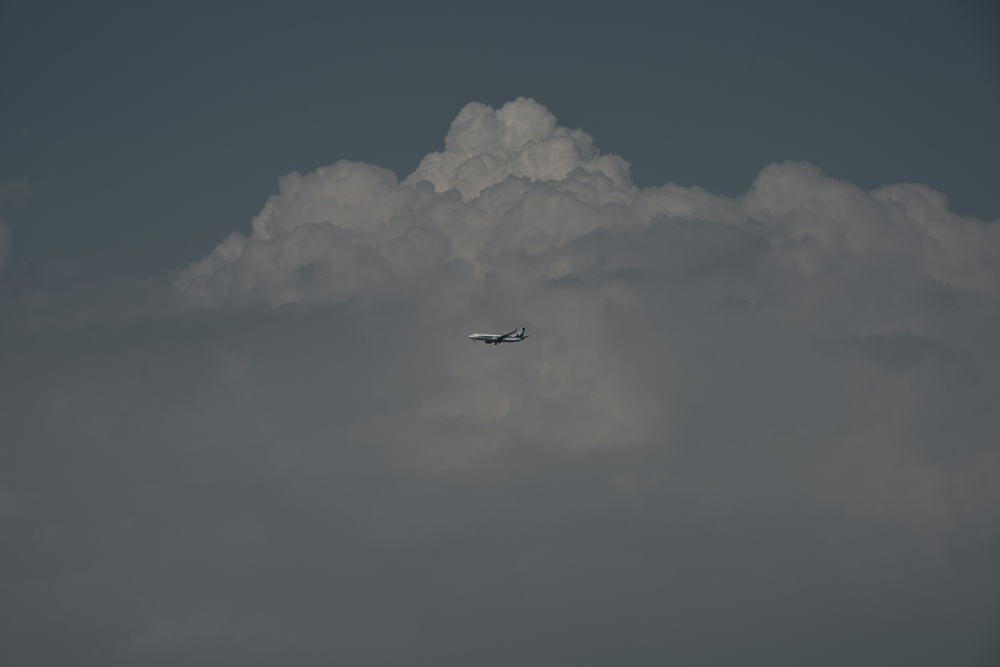 雲の中を飛ぶ飛行機と大きな雲