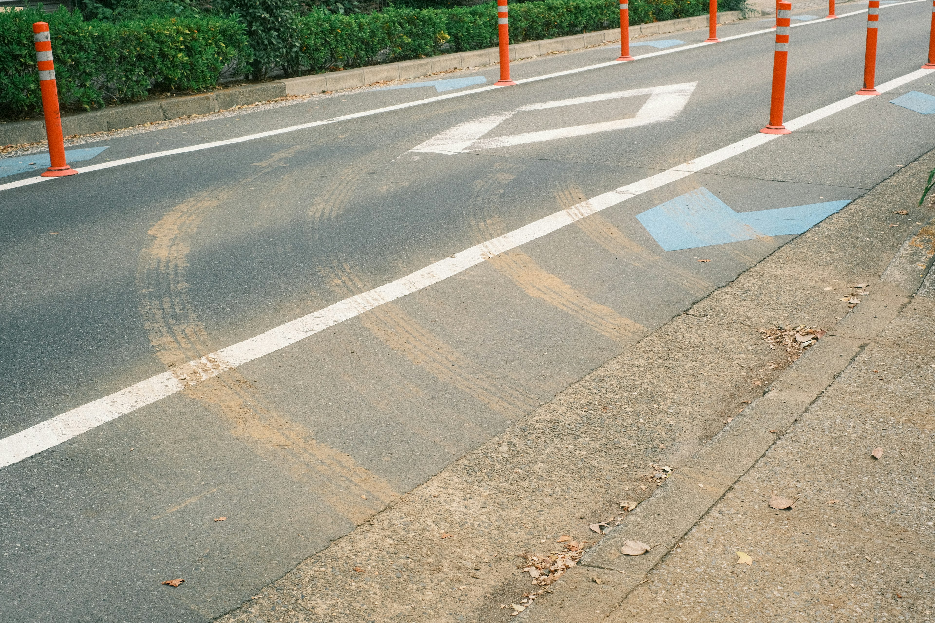 Strada con curva e segnaletica blu