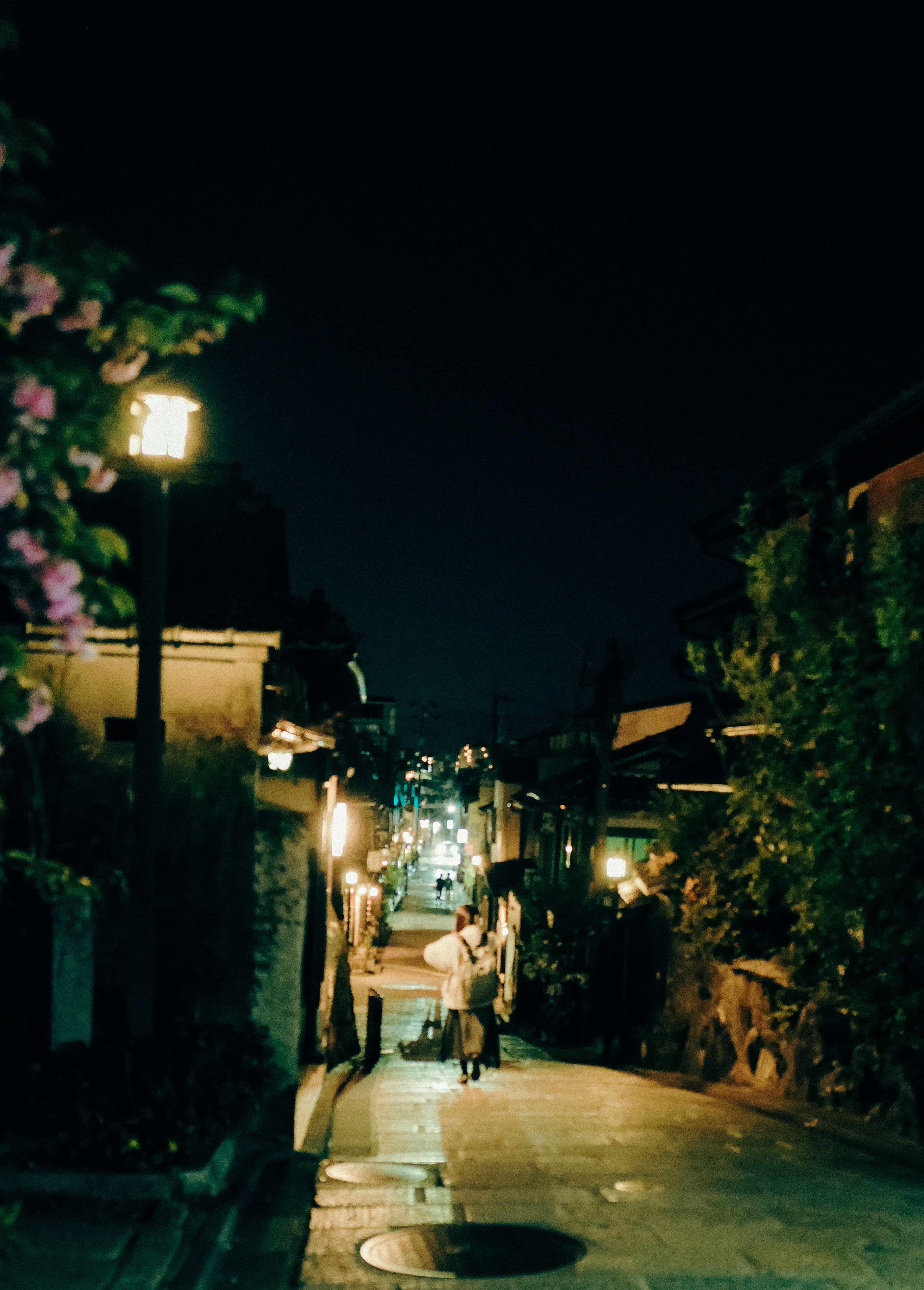 Quiet street scene at night with glowing streetlights and a figure walking