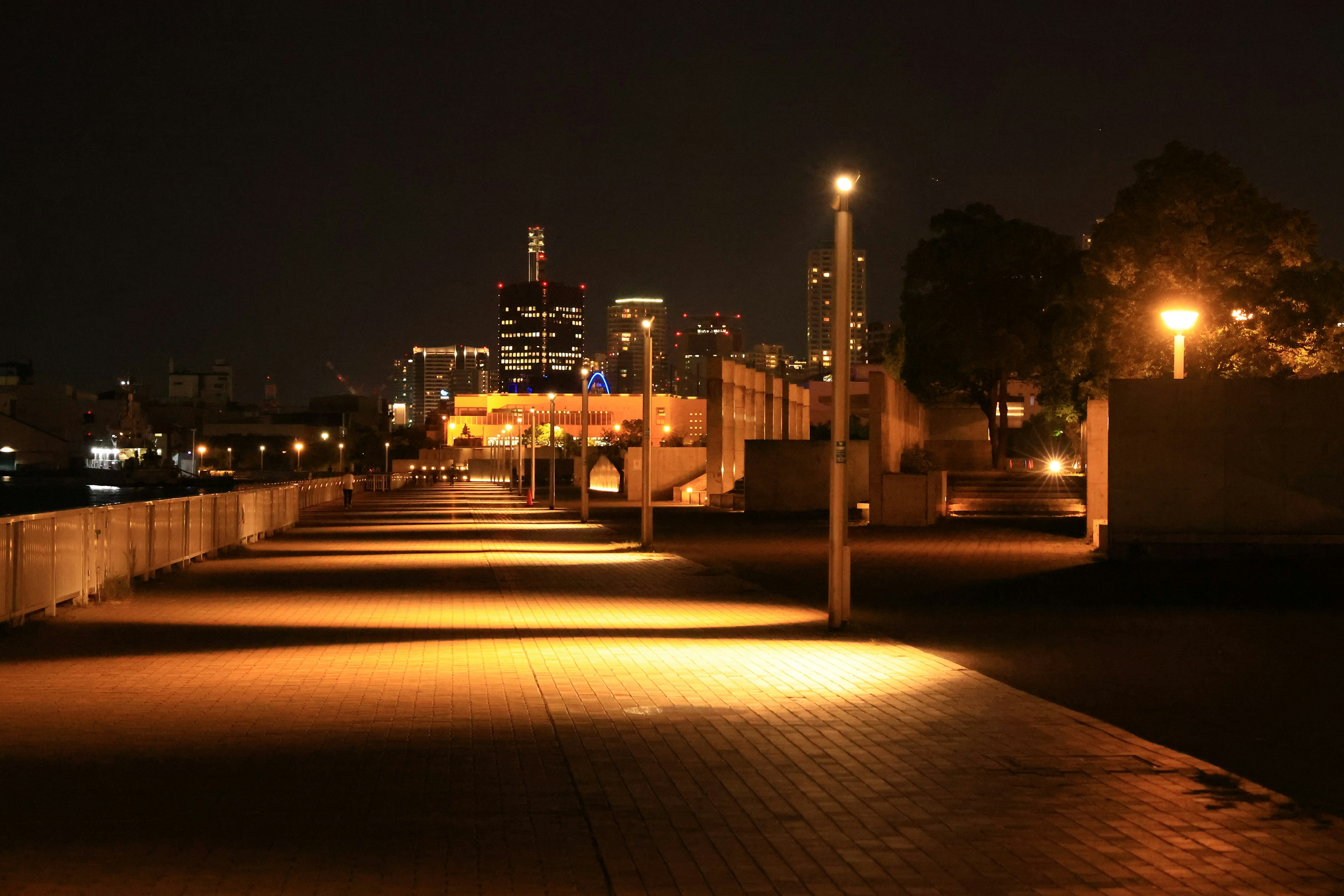 Vue nocturne d'une promenade urbaine avec des lampadaires et des ombres