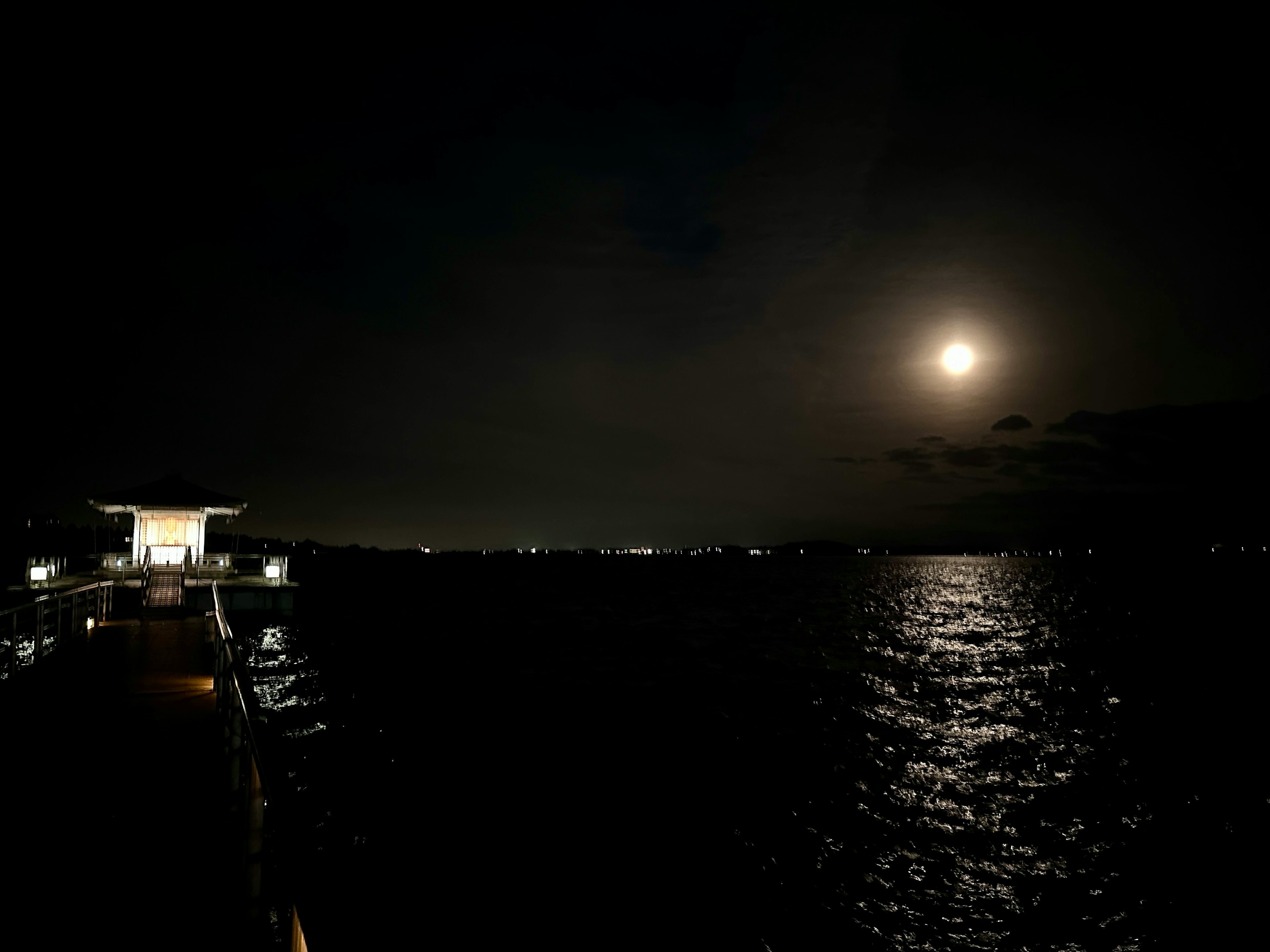 Night scene featuring moonlight reflecting on water with a distant shoreline