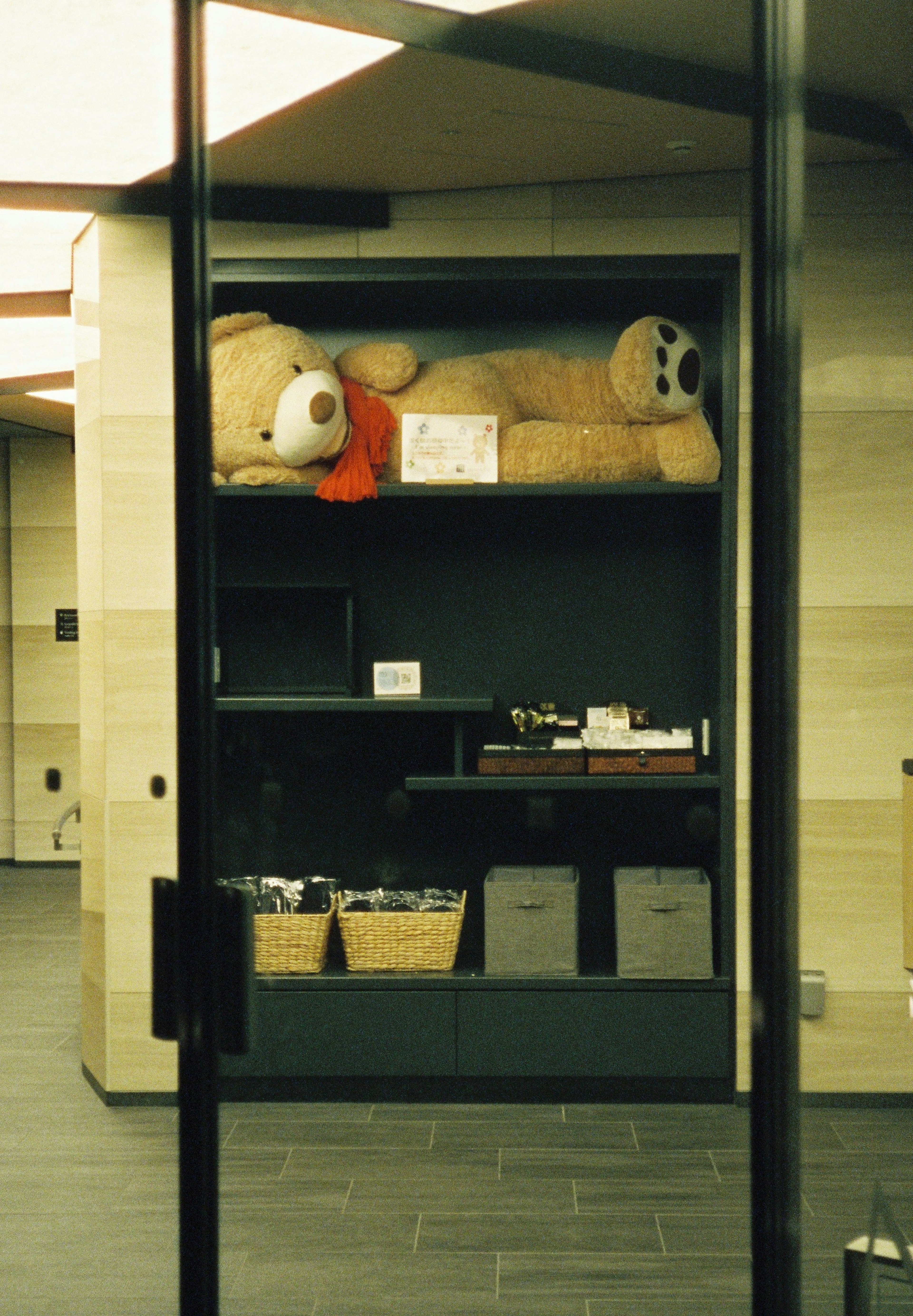 A large teddy bear lying on a shelf with a red scarf