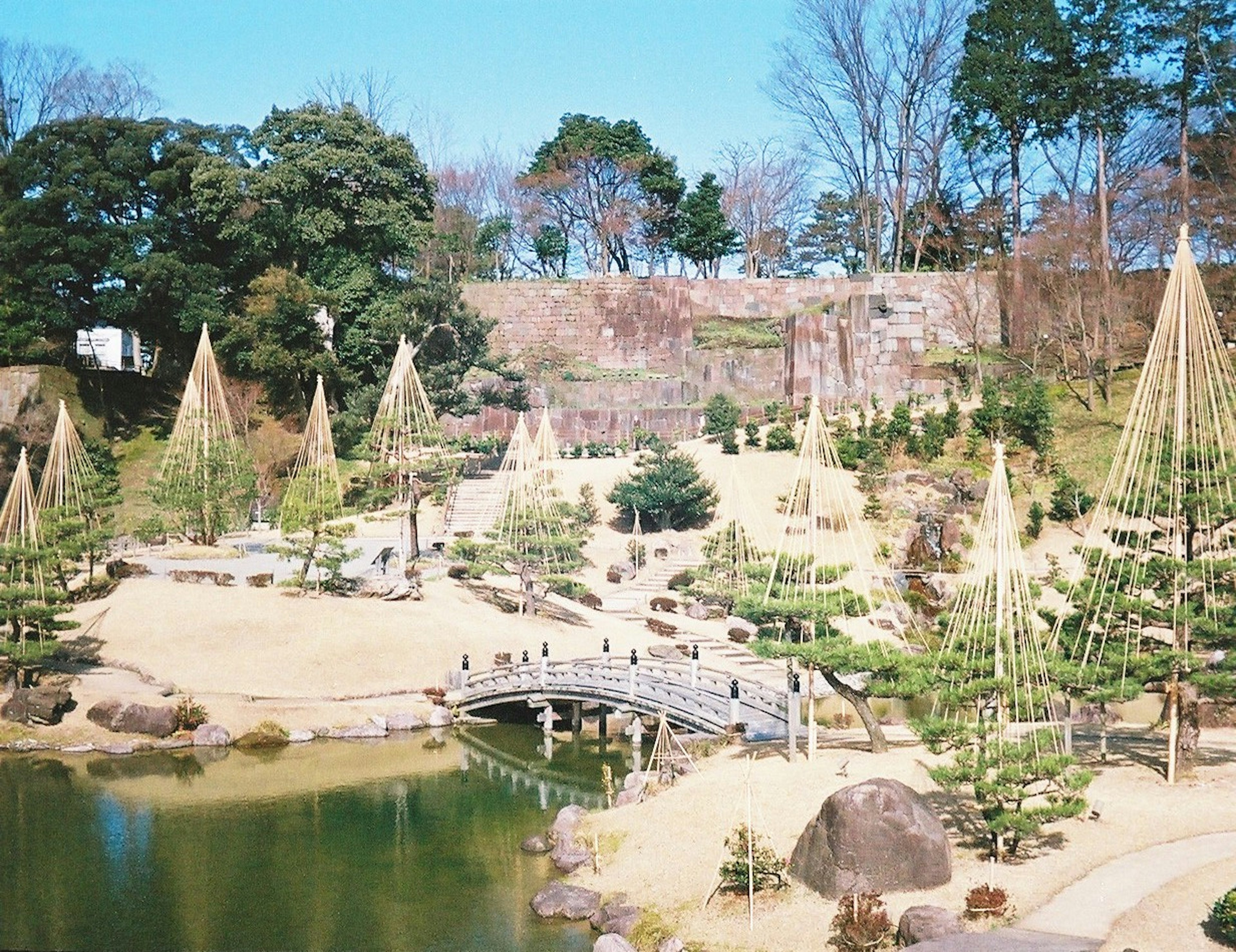 美しい庭園の風景に橋と池があり、木々と岩が点在する