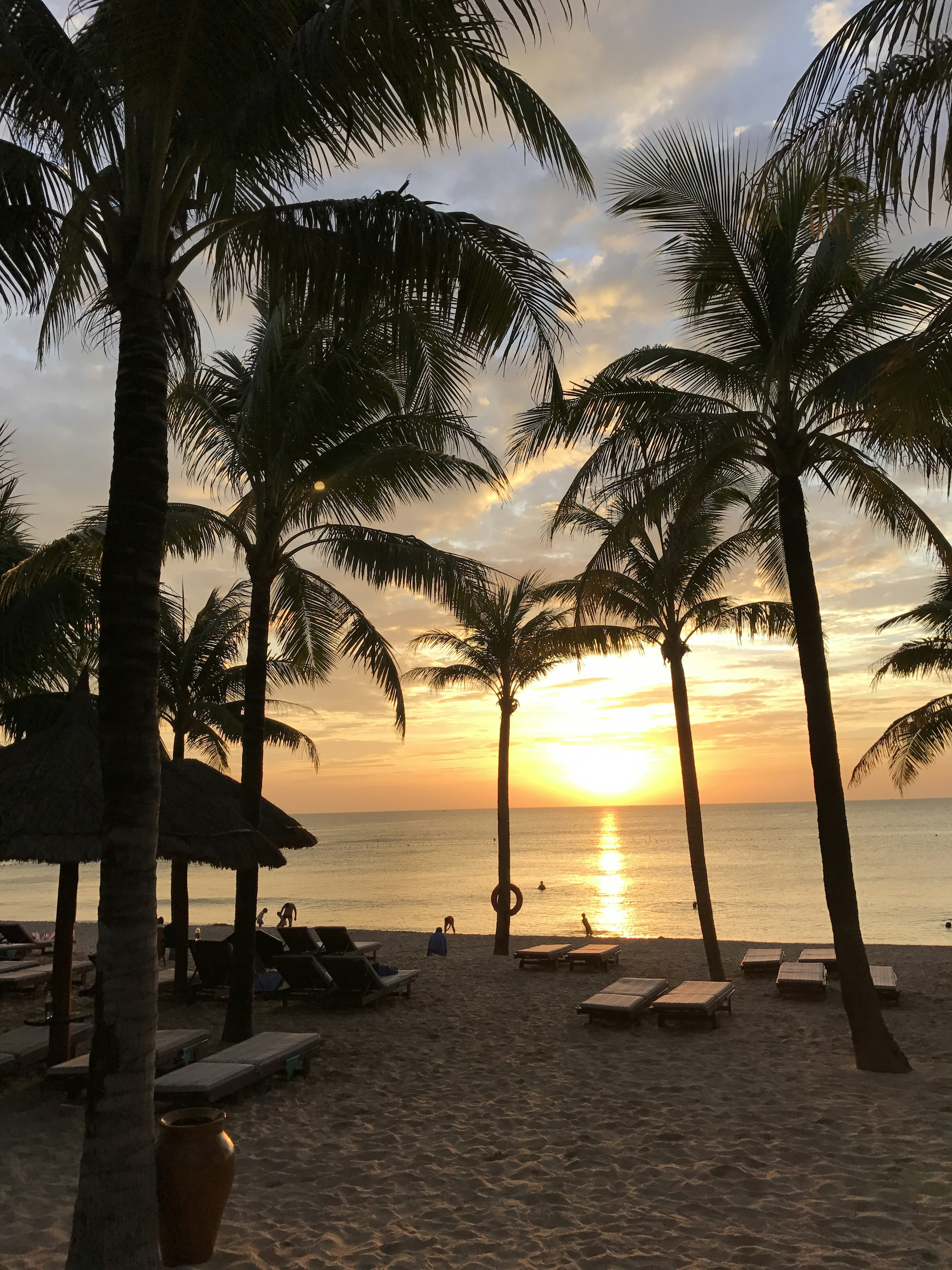 Tramonto sulla spiaggia con palme e lettini