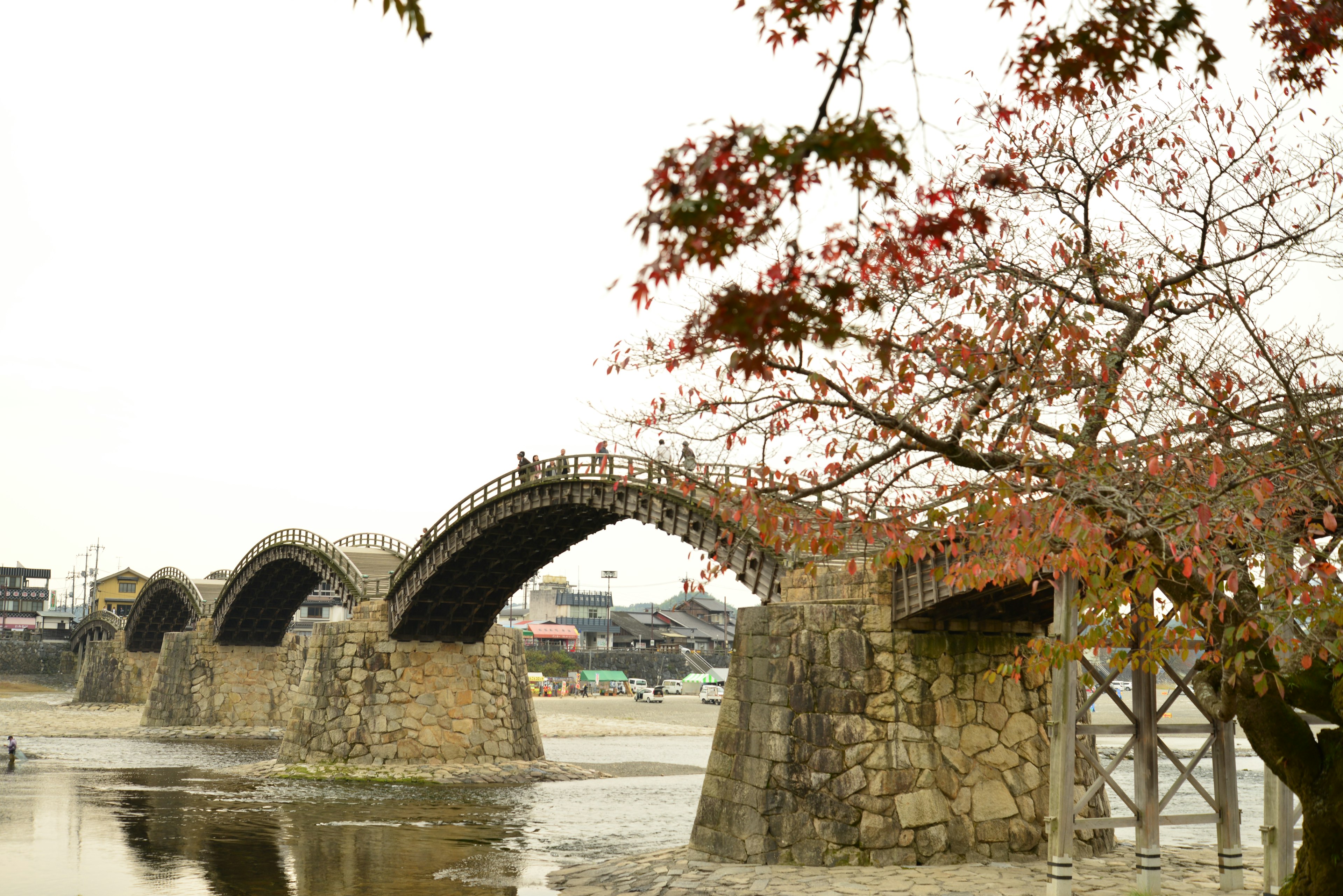 Vista panoramica di un ponte ad arco in pietra con foglie autunnali