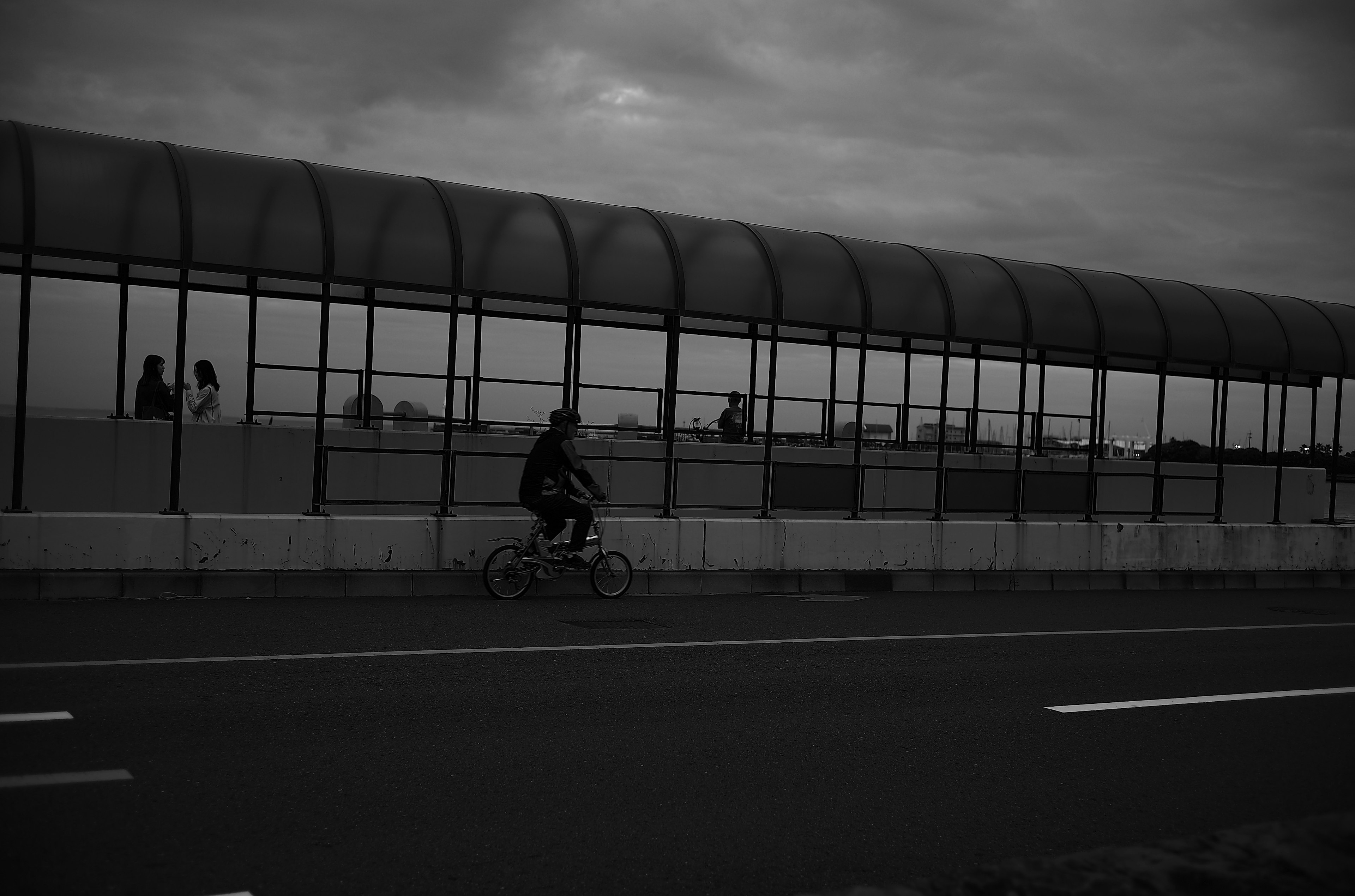 Un ciclista montando una bicicleta junto a una barrera transparente bajo un cielo nublado