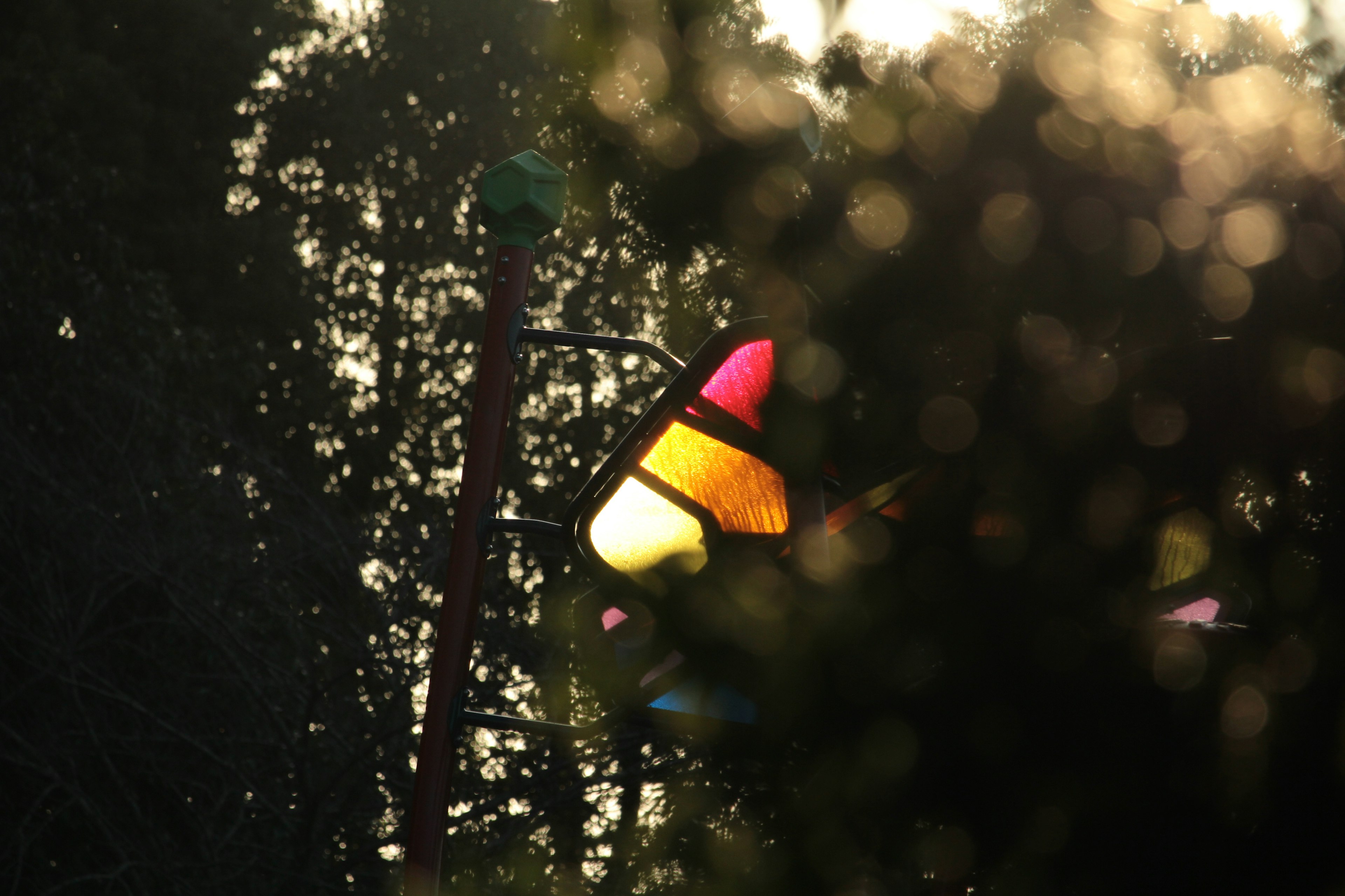 Objet coloré illuminé par le coucher de soleil avec des silhouettes d'arbres