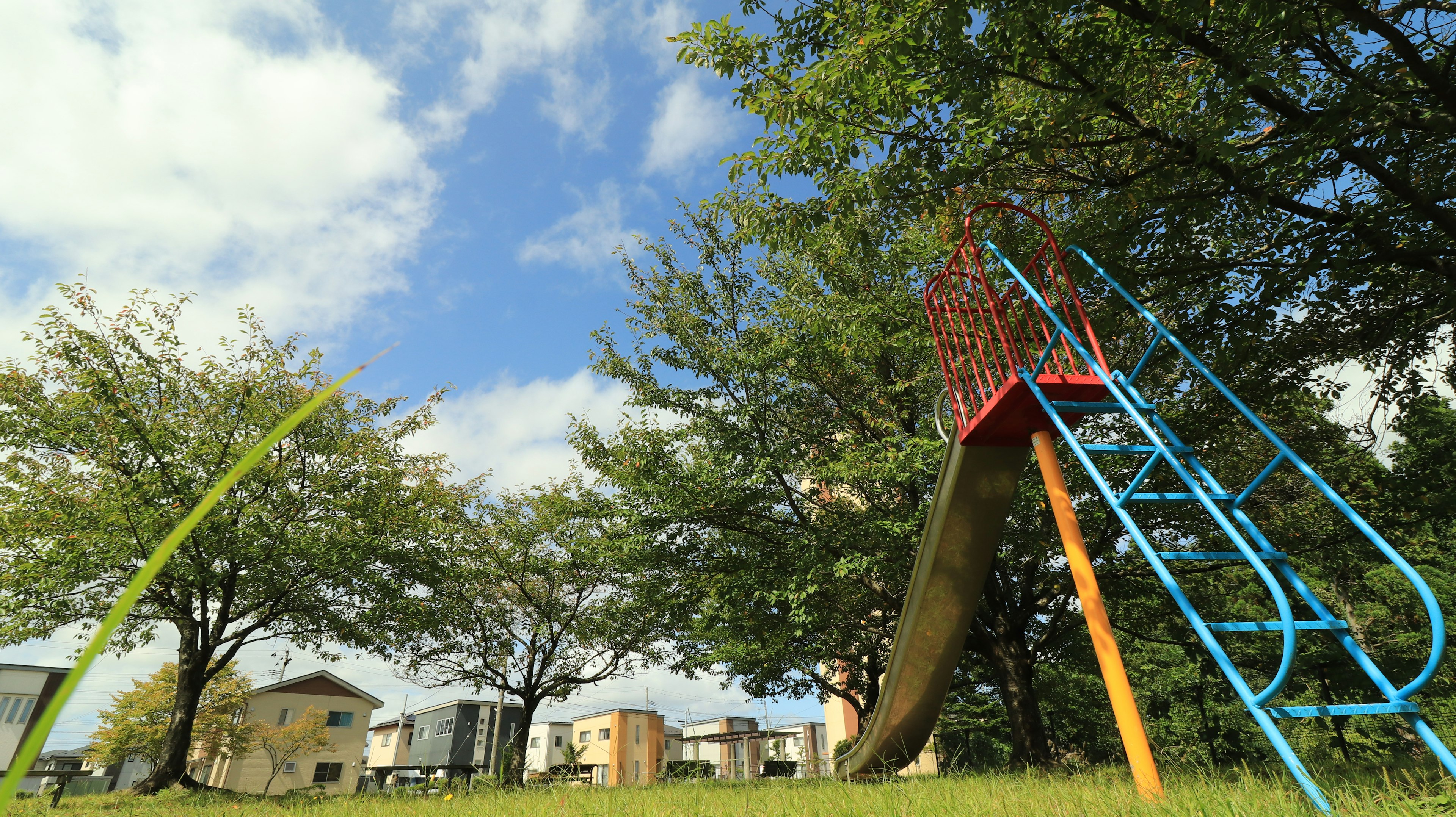 Toboggan de parc avec structure bleue sous un ciel partiellement nuageux entouré d'herbe verte et d'arbres