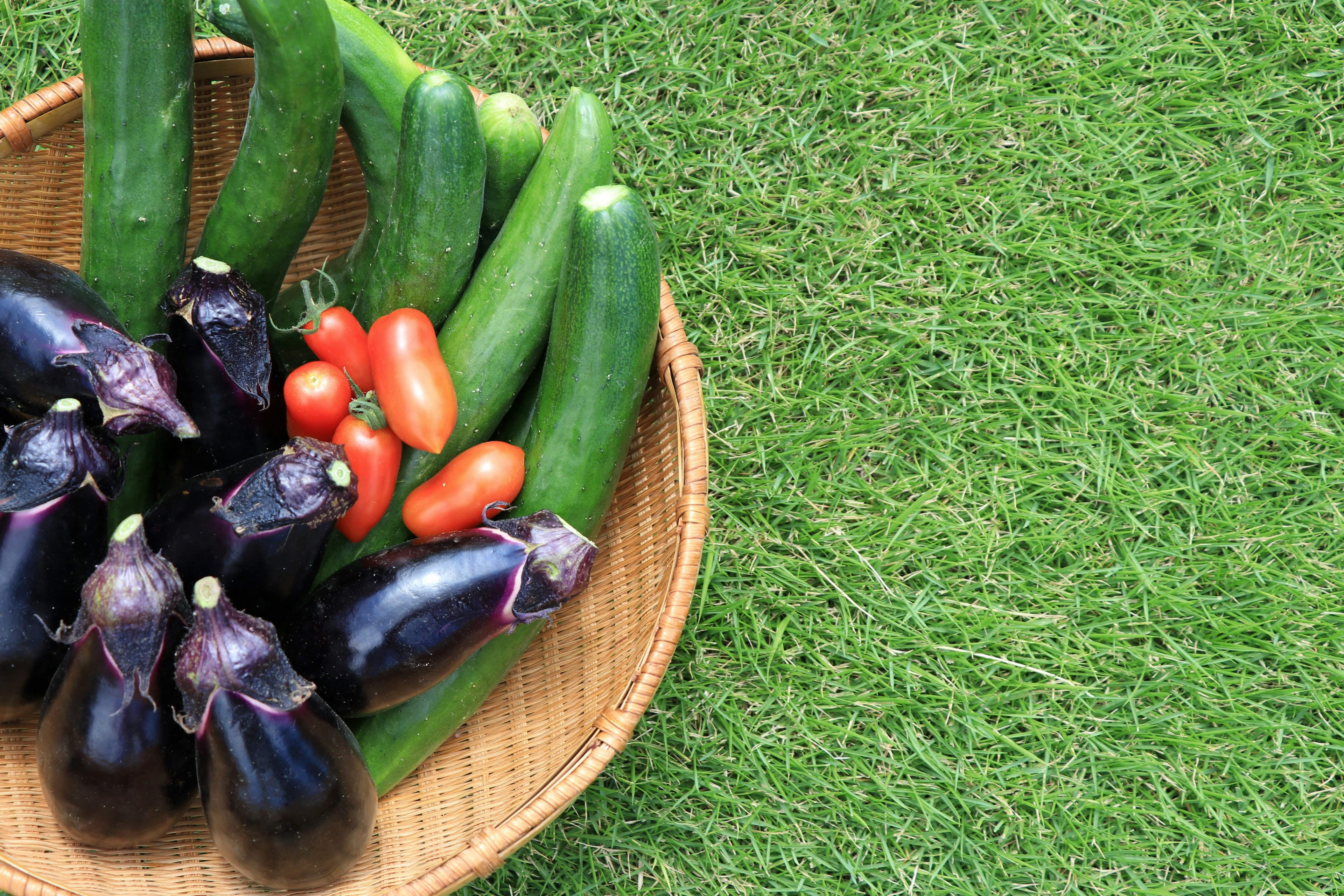 Sayuran segar termasuk terong, zucchini, dan tomat ceri dalam keranjang