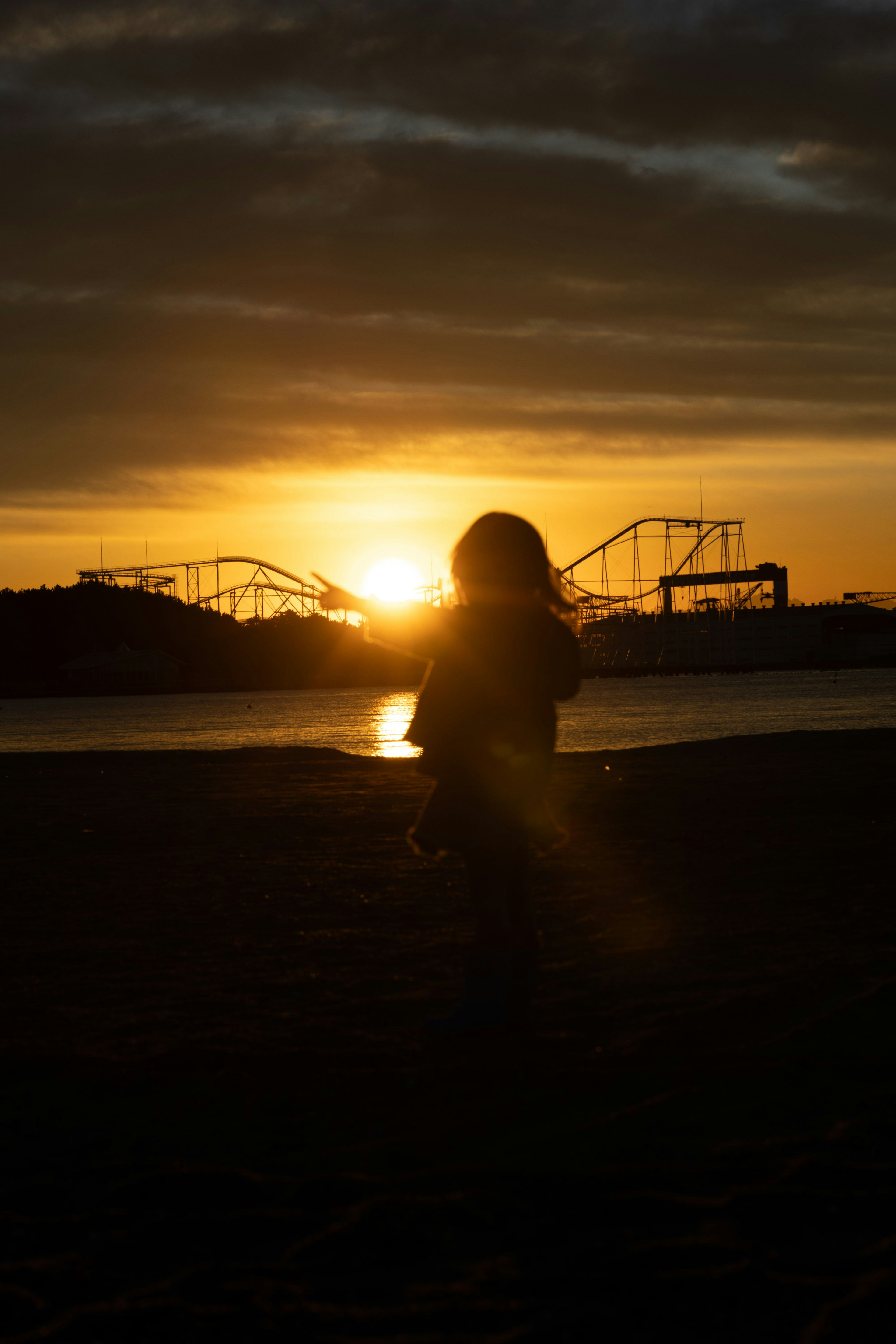Silhouette d'un enfant contre un coucher de soleil avec des montagnes russes de parc d'attractions en arrière-plan