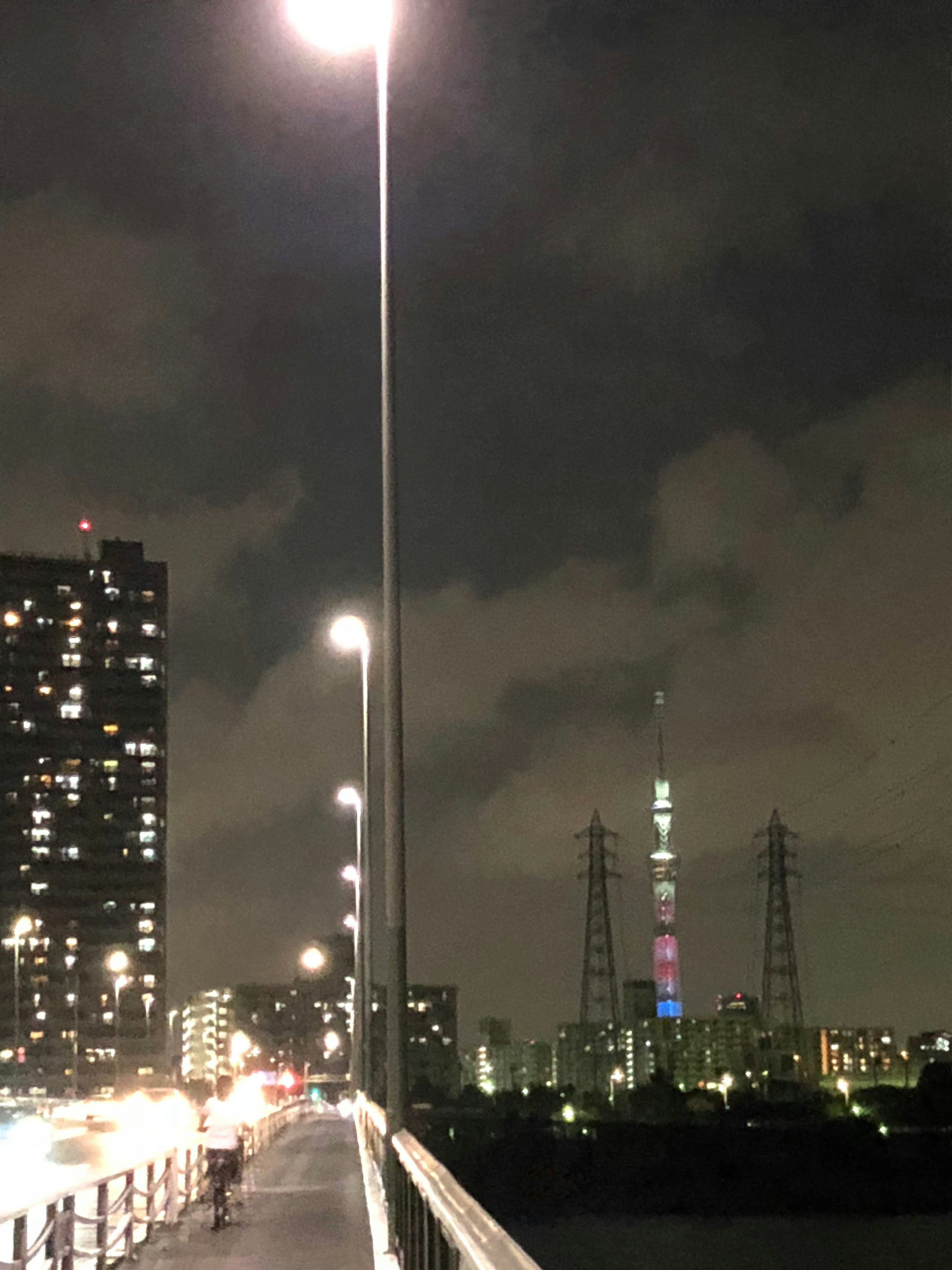 Vista nocturna de Tokyo Skytree y rascacielos desde un puente