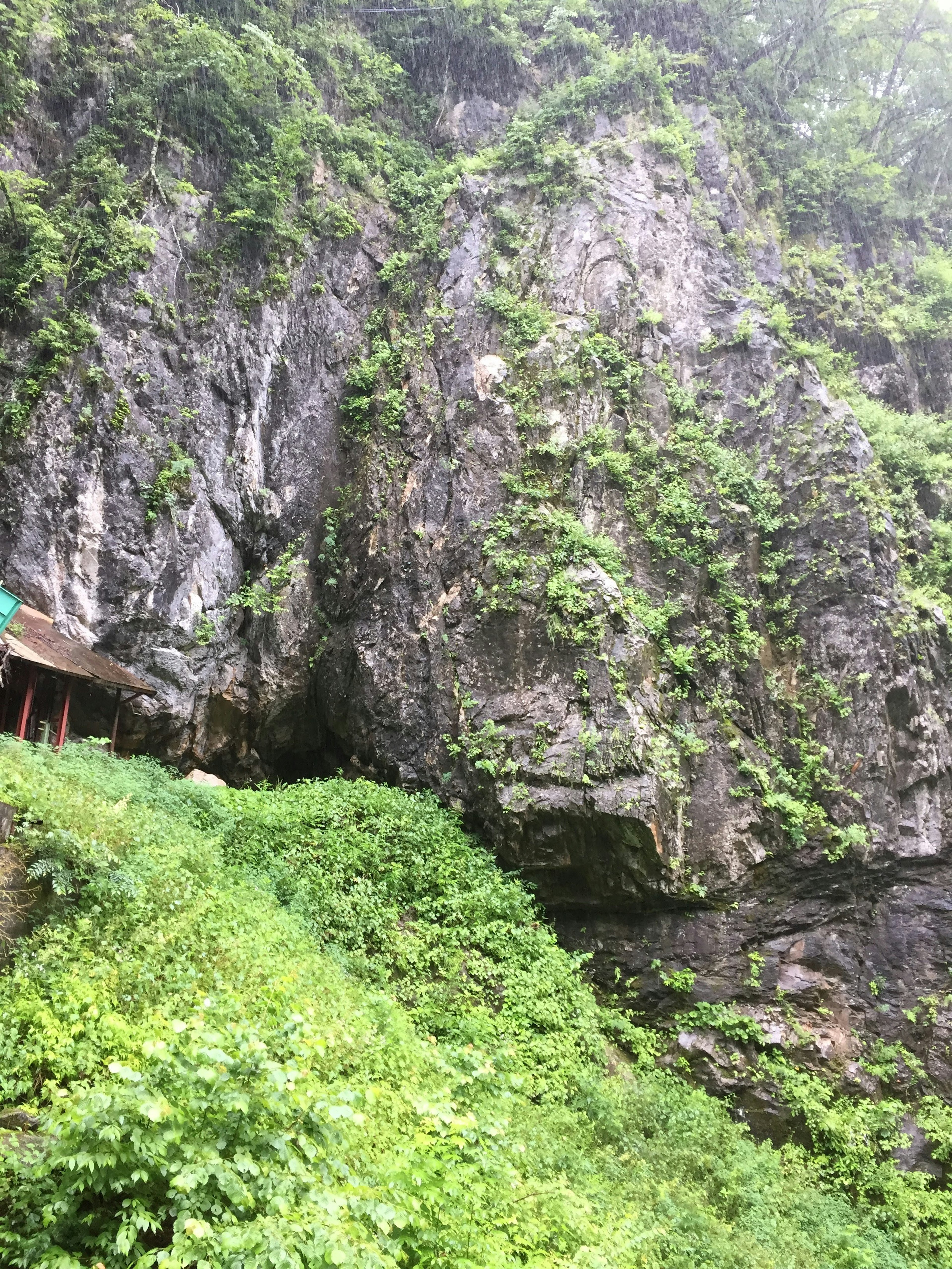 Pemandangan alam dengan dinding batu yang ditutupi vegetasi dan sebuah gubuk kecil