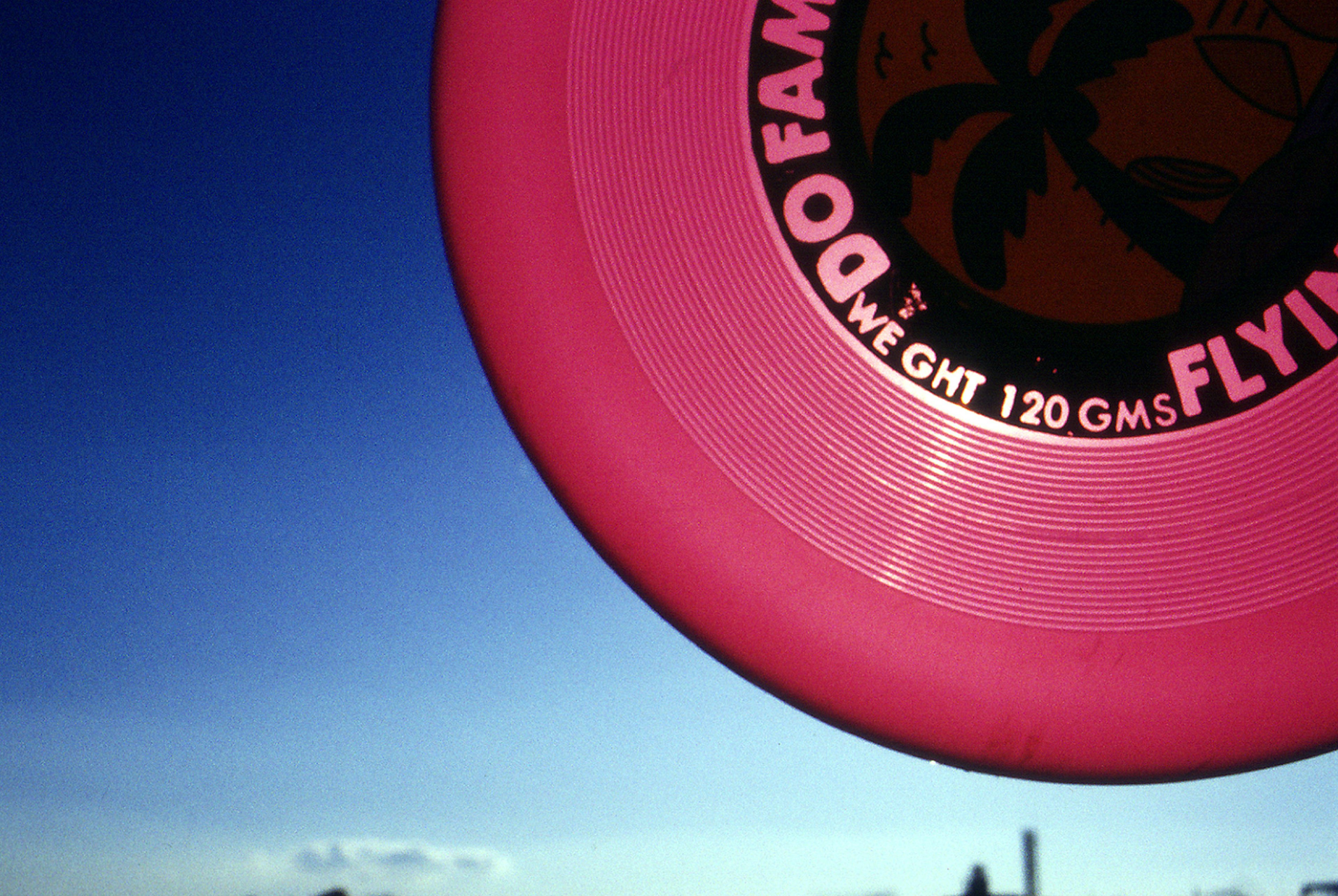 Frisbee rose contre un ciel bleu avec un logo noir