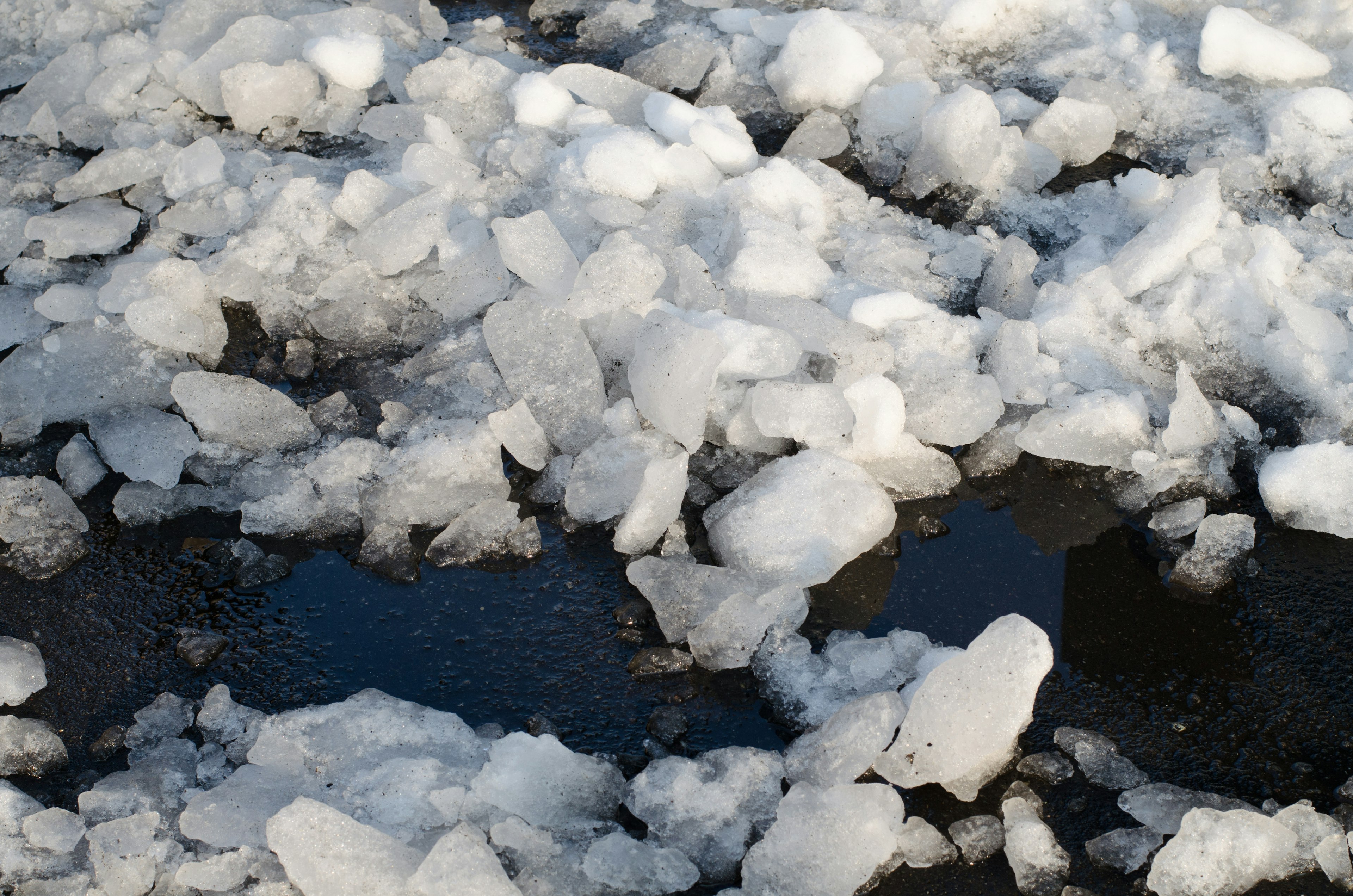 Winterlandschaft mit Eisstücken und Pfützen