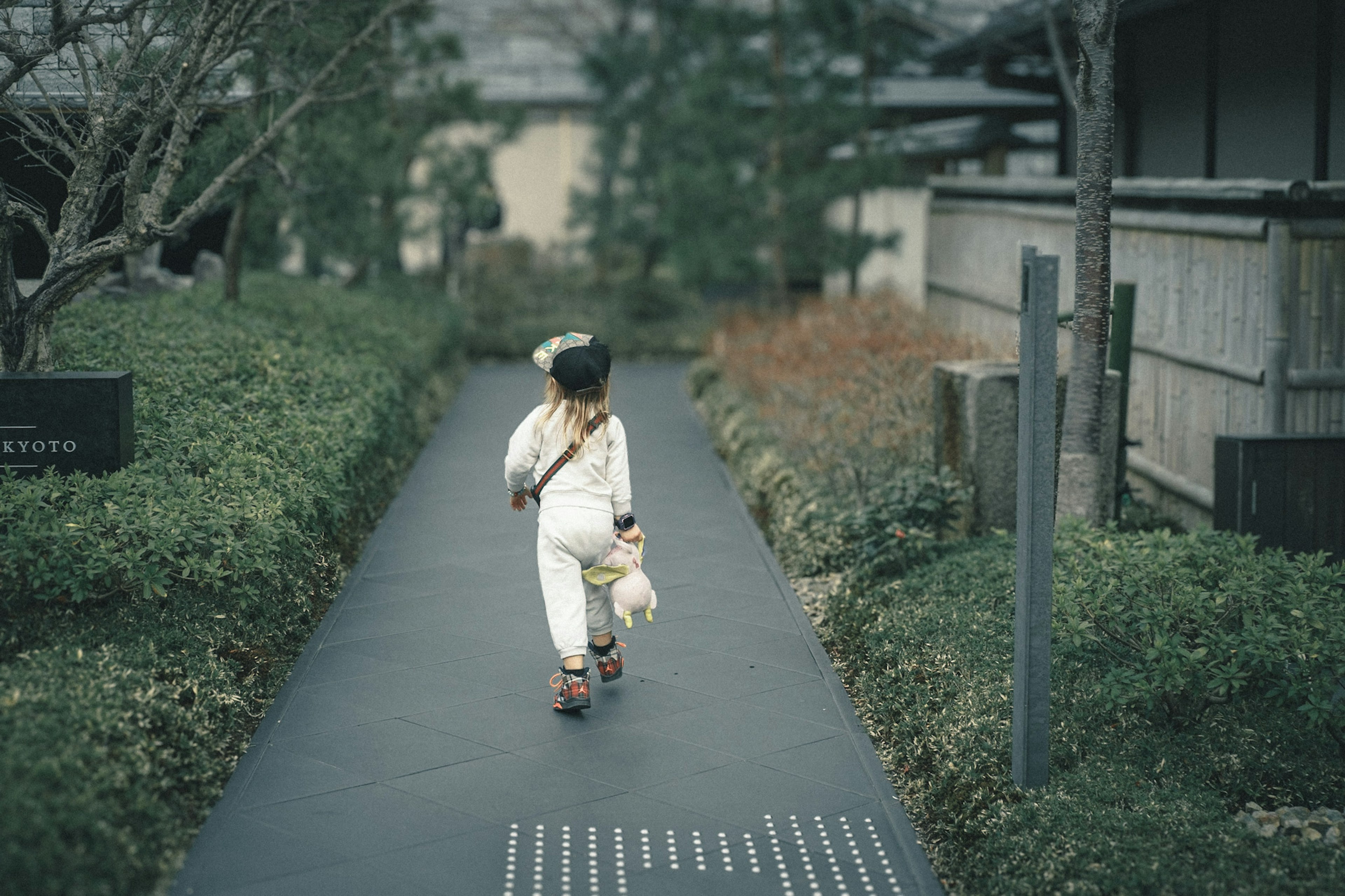 小さな子供がぬいぐるみを持って歩いている静かな庭の小道