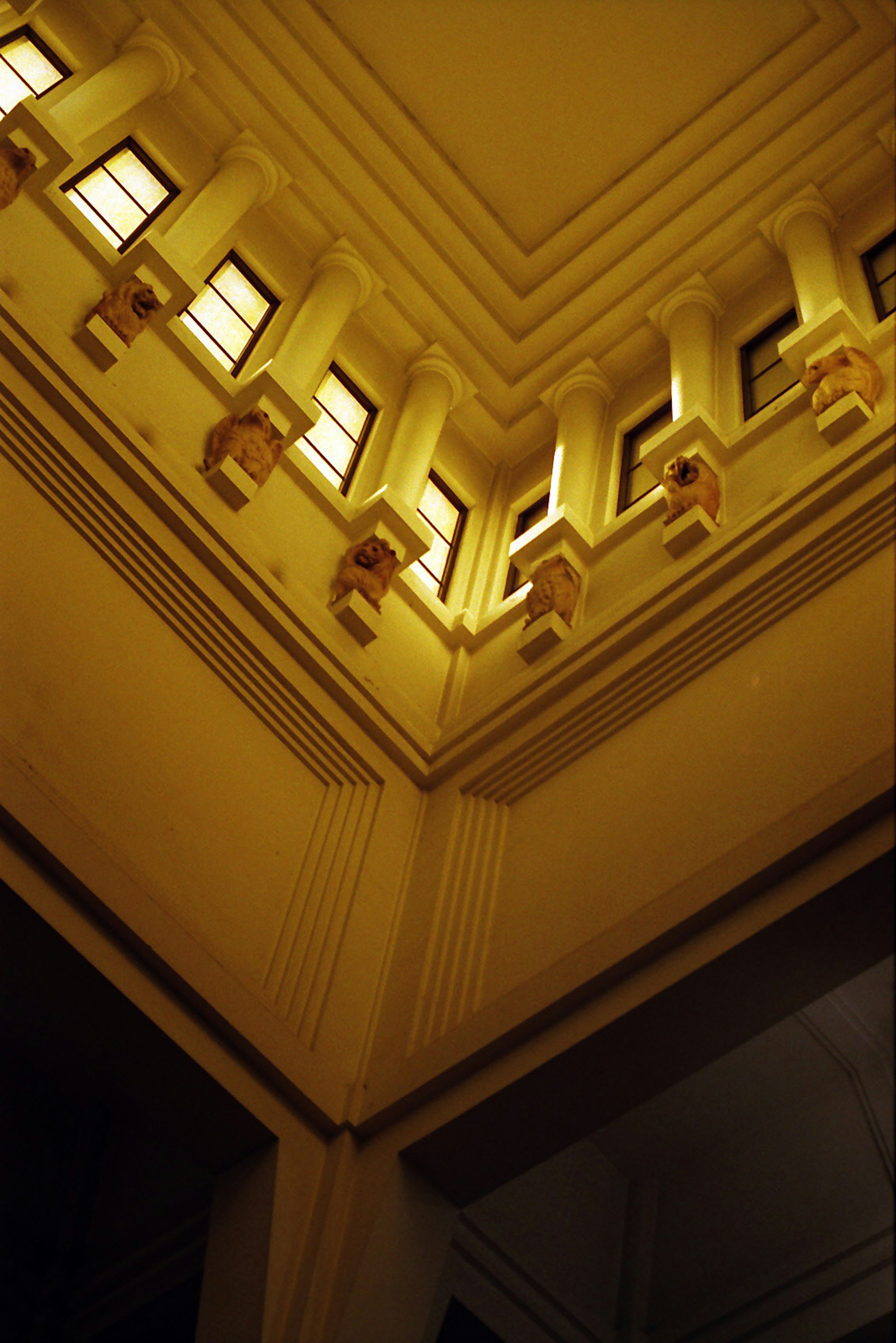 Decorative ceiling of a building illuminated in warm yellow light