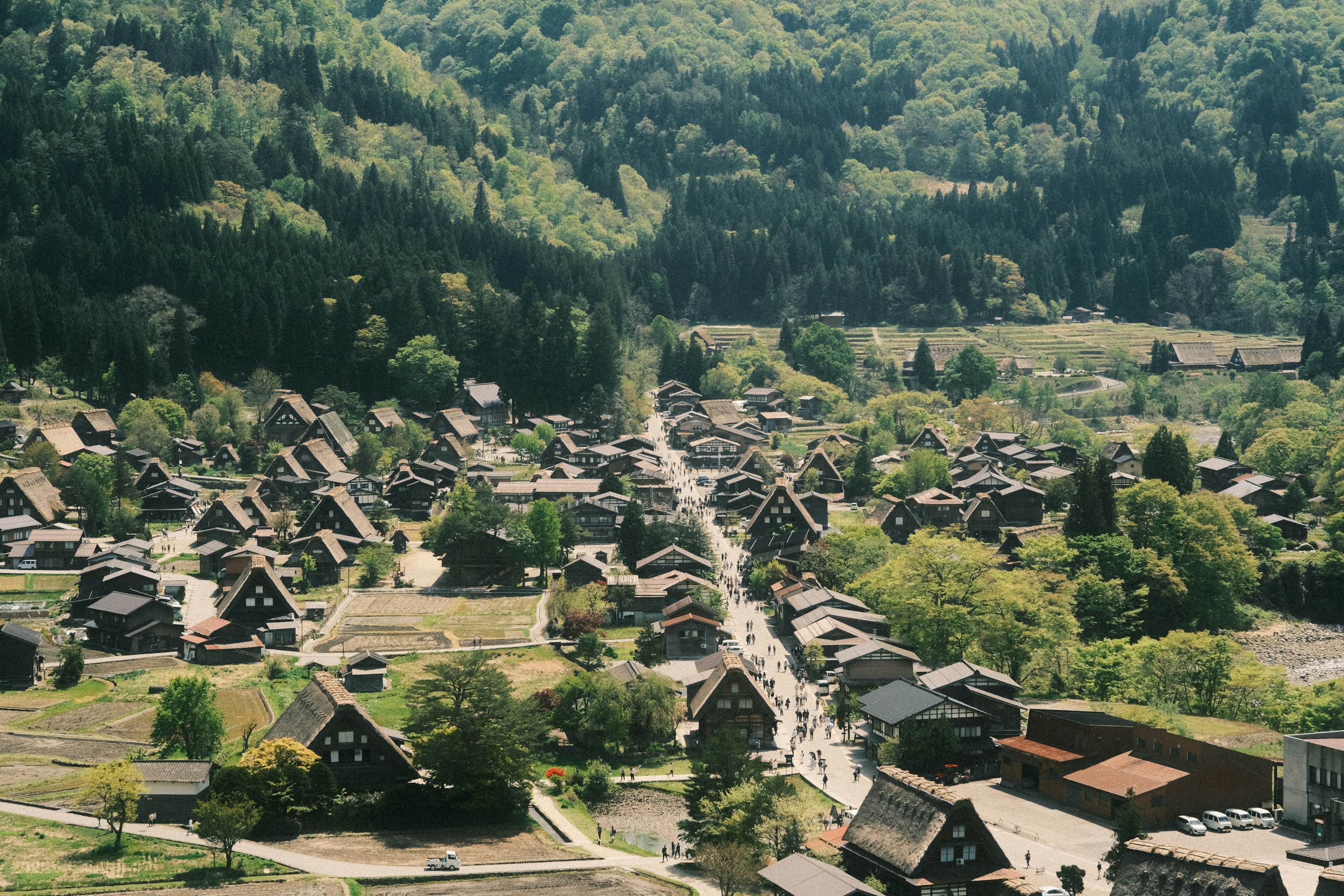 被郁郁葱葱的山脉环绕的传统村庄全景