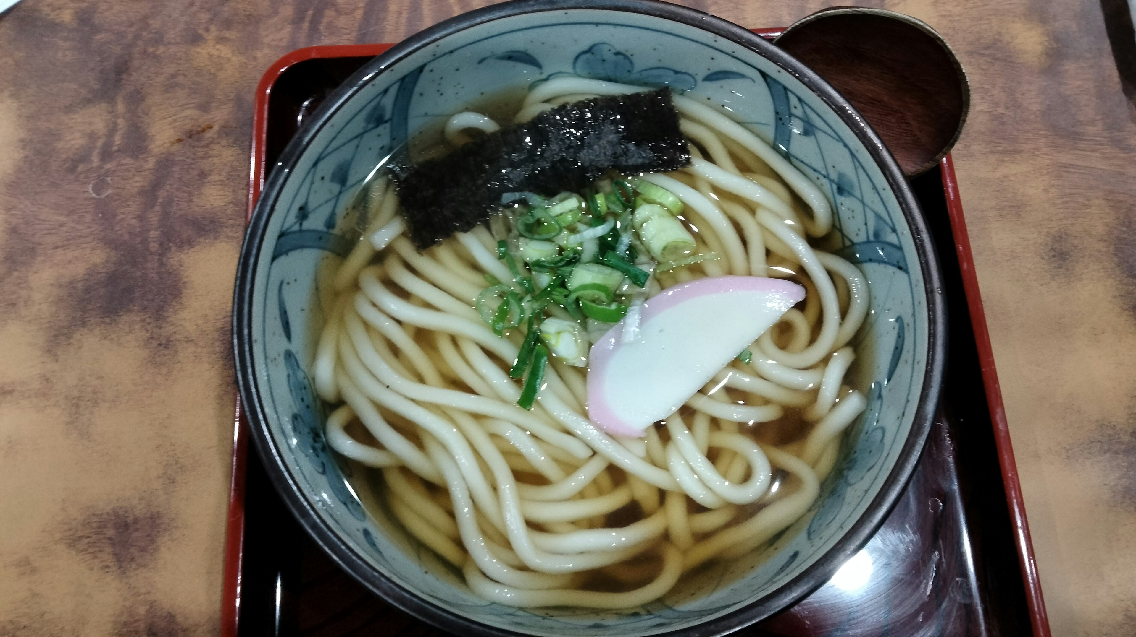 Schüssel mit Udon-Nudeln in Brühe, garniert mit Frühlingszwiebeln und Kamaboko