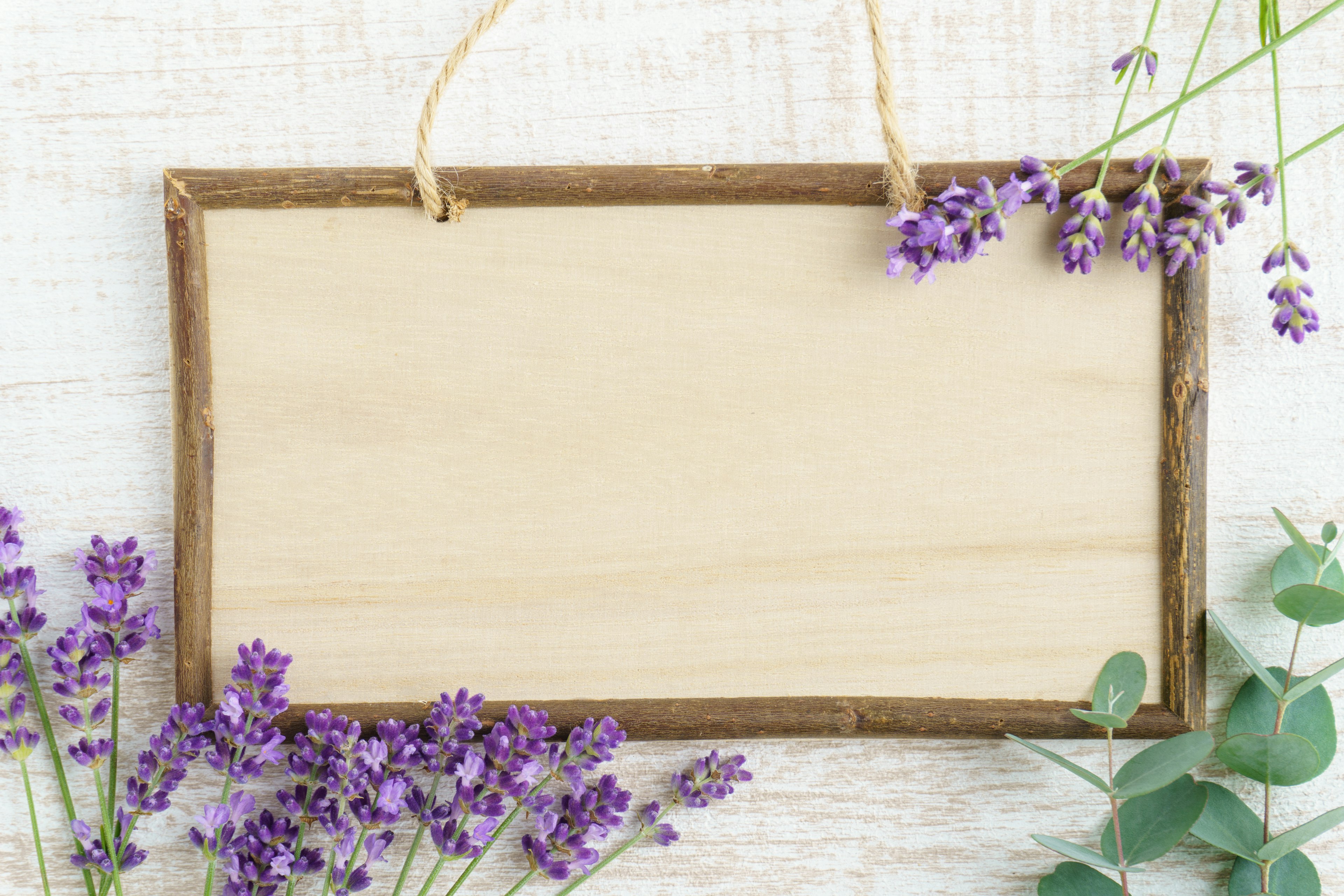 Papan kayu dikelilingi bunga lavender dan daun eucalyptus