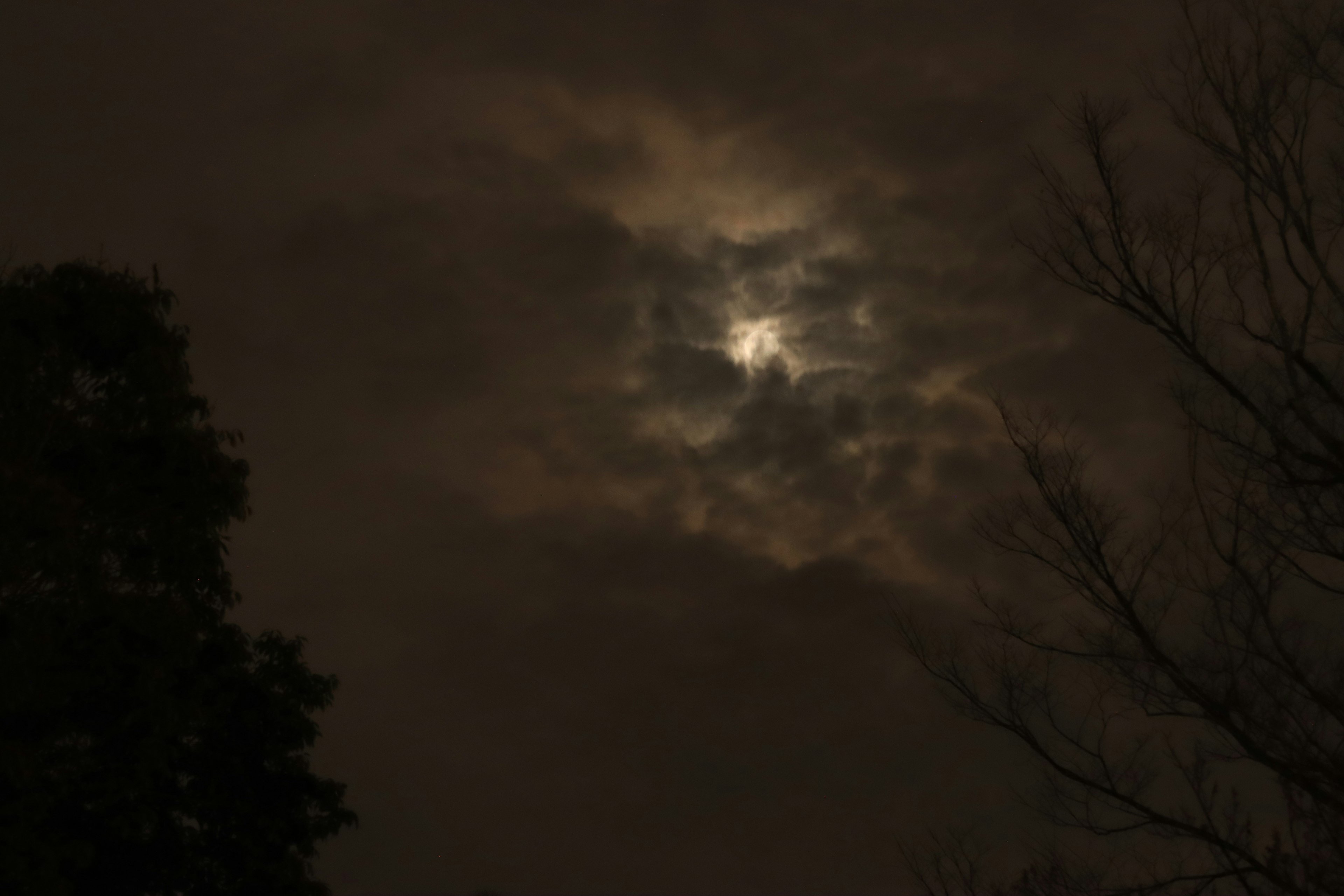 暗い雲に覆われた夜空の中に薄明るい月が浮かぶ