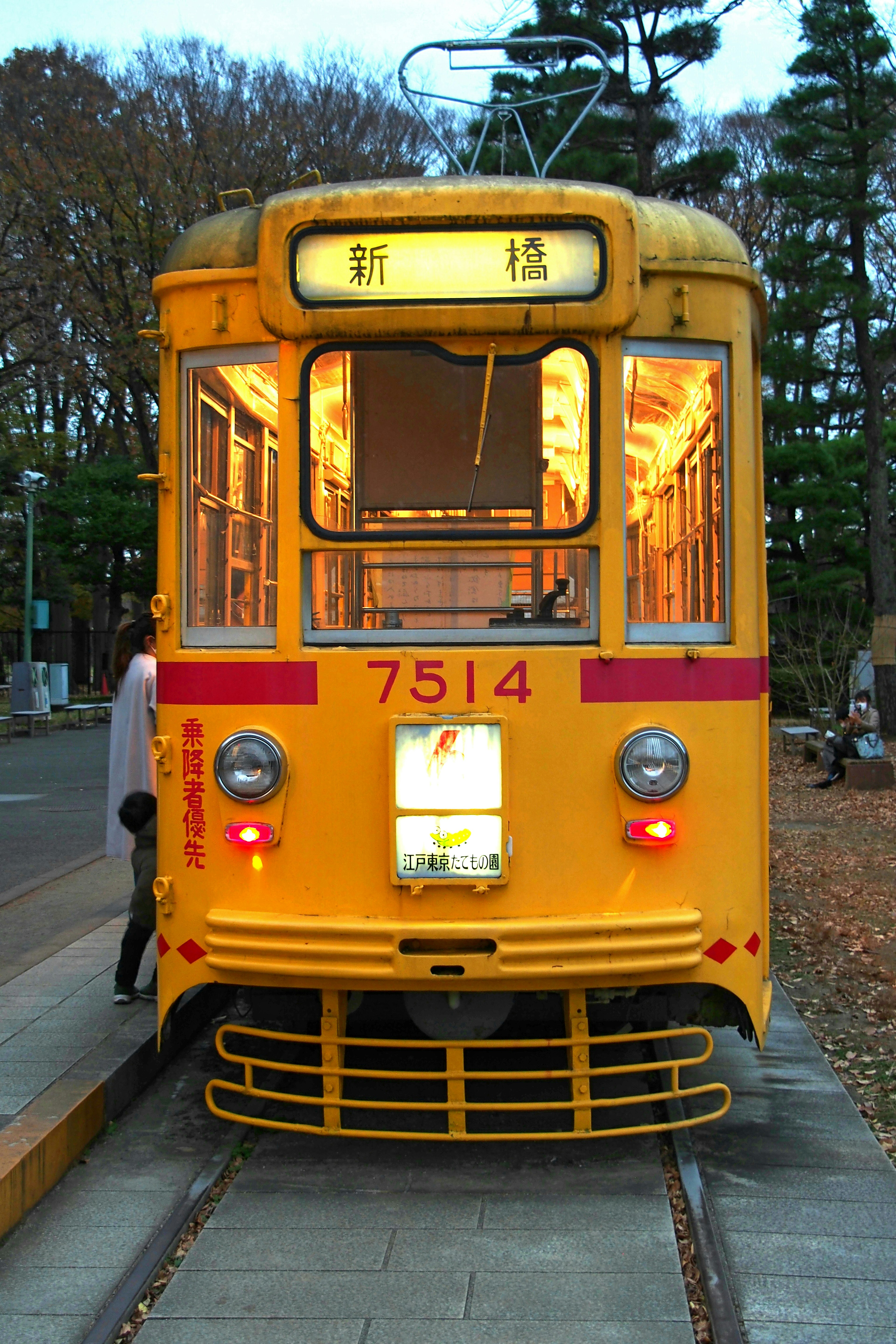 黄色い路面電車7514の前面が夜の街に停車している