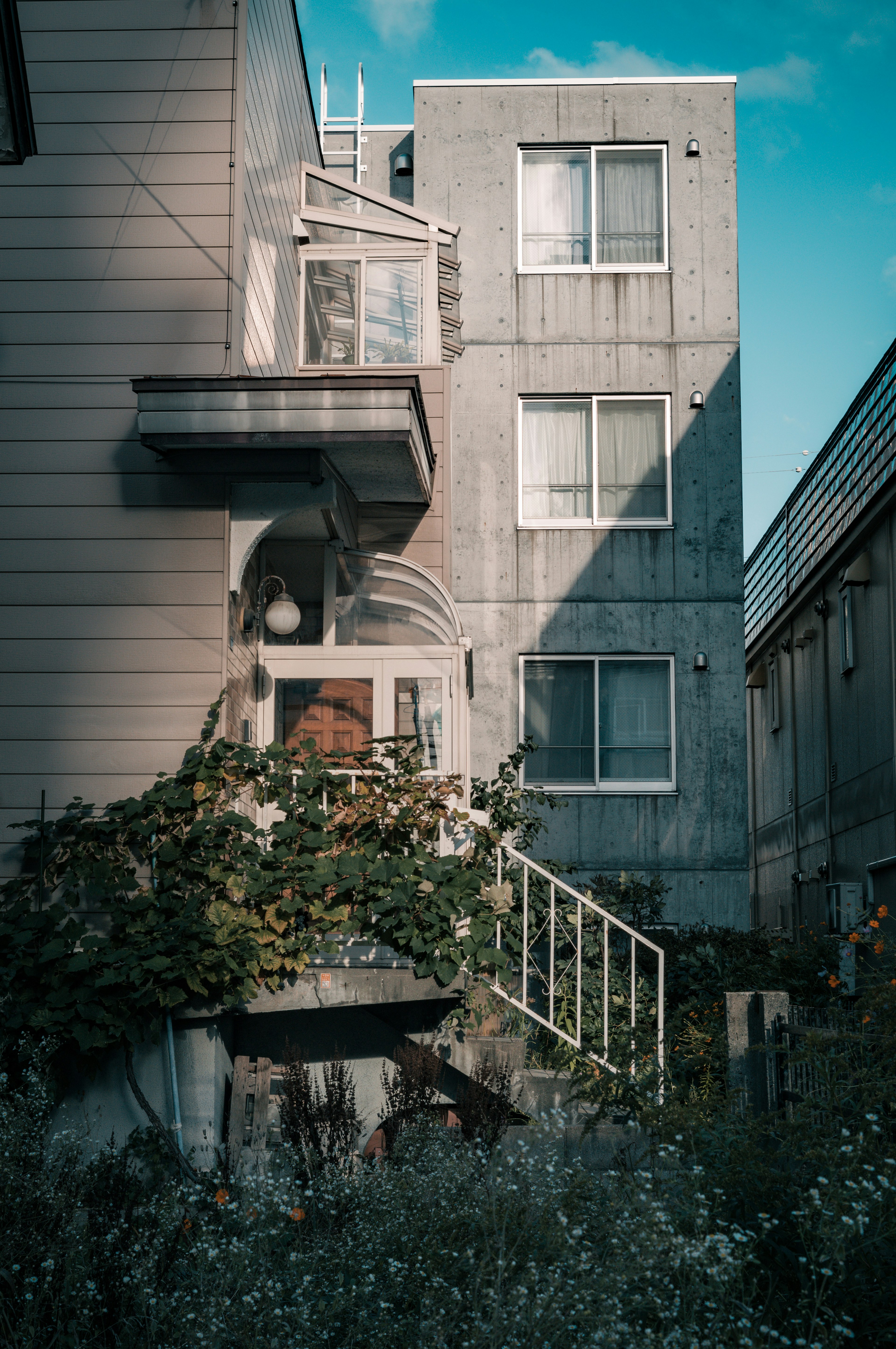 Exterior de un edificio moderno con vegetación y escaleras