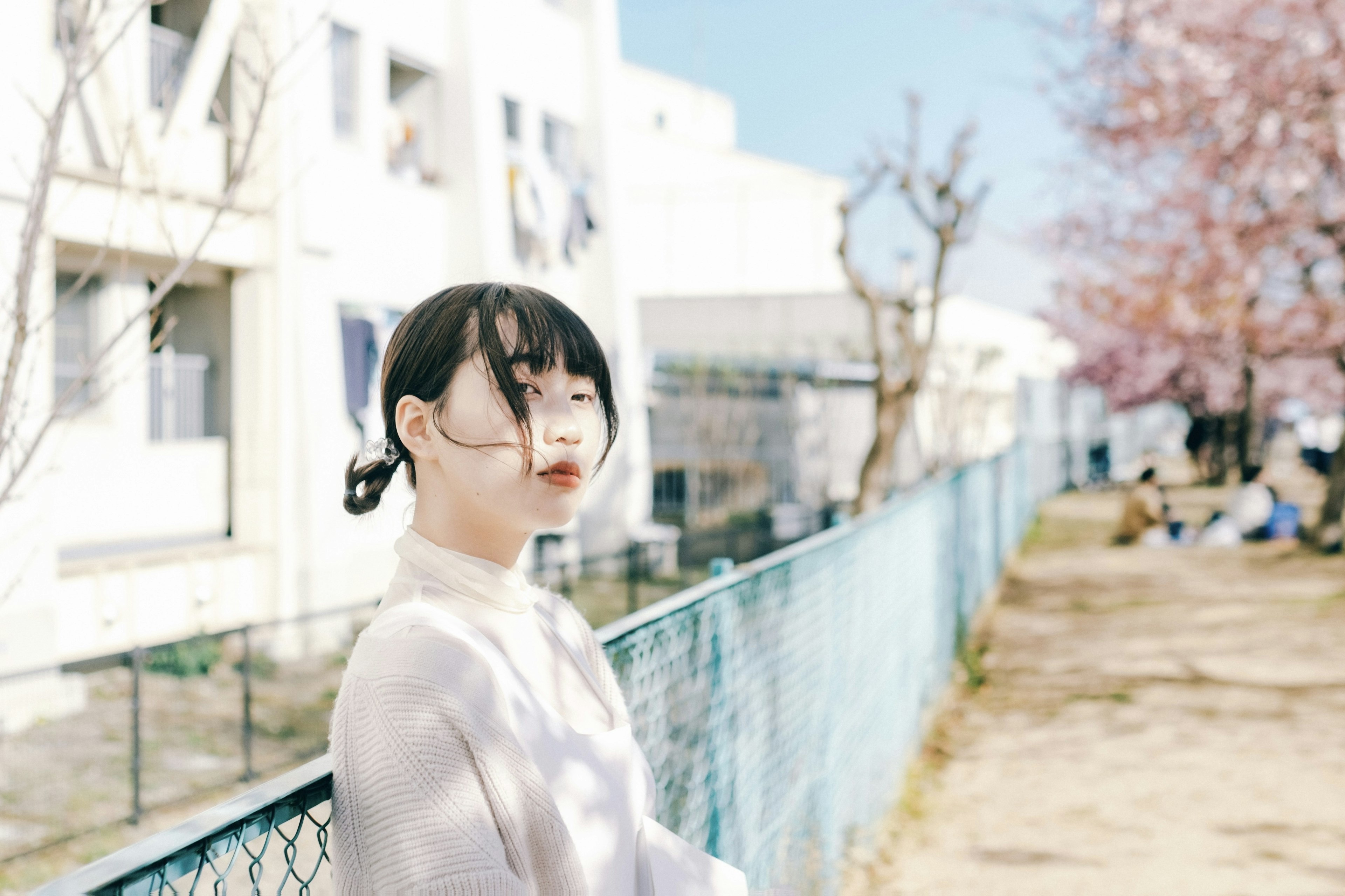 Portrait of a woman standing near cherry blossom trees in a park