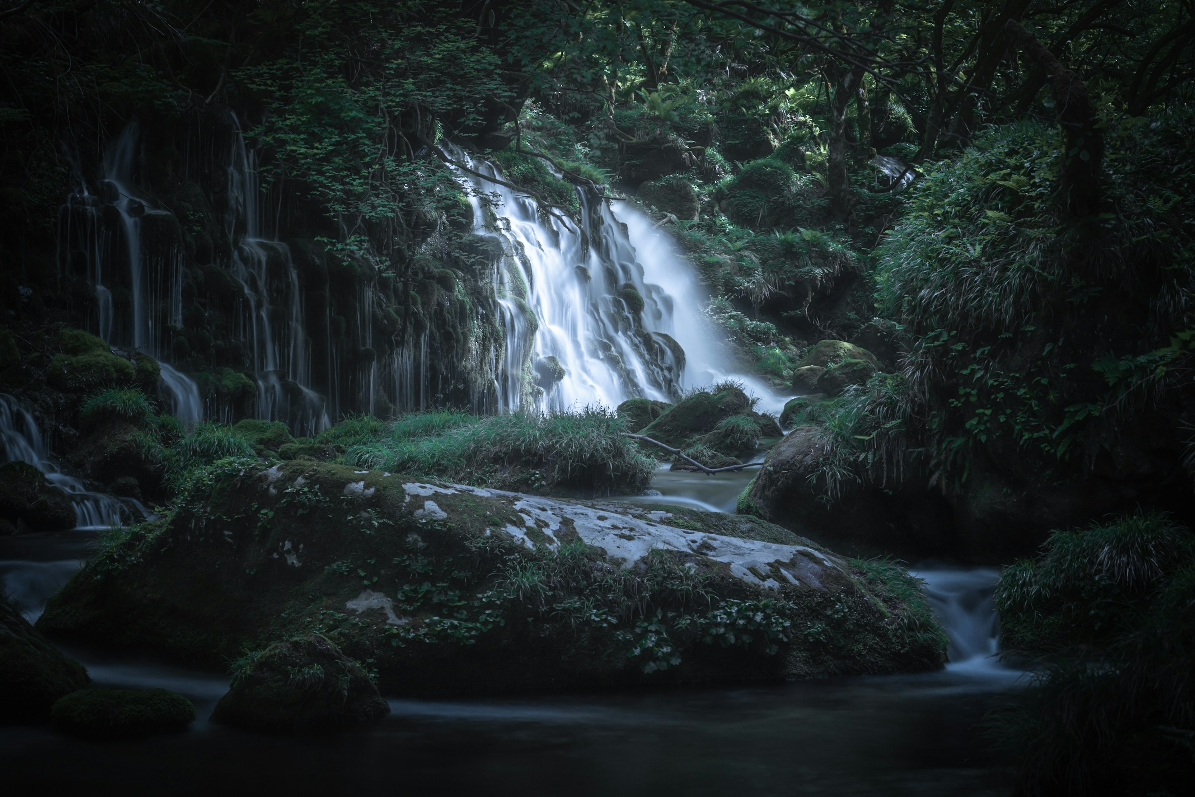 緑に囲まれた滝と静かな水の流れの美しい風景