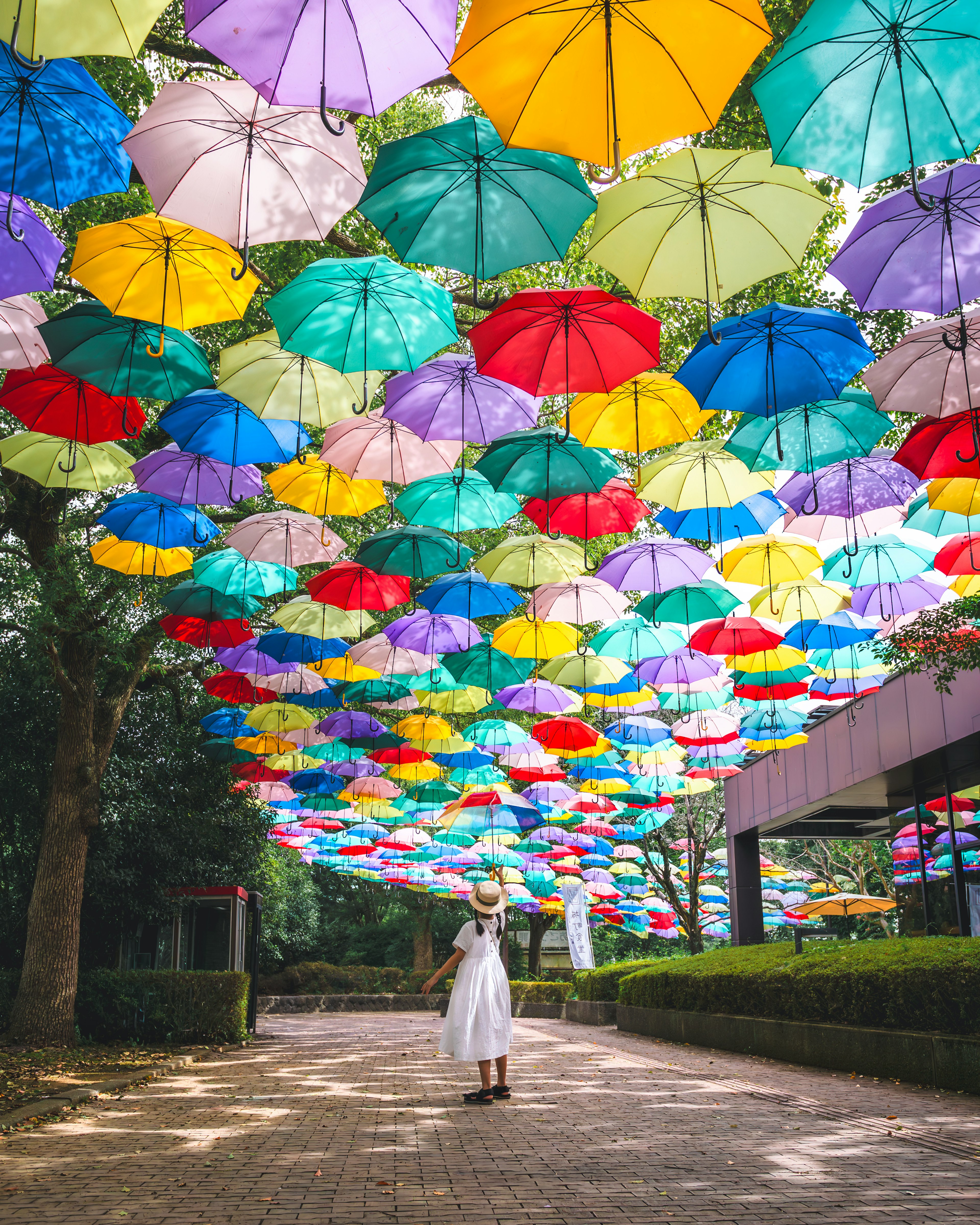 Une femme se tenant sous une installation artistique de parapluies colorés