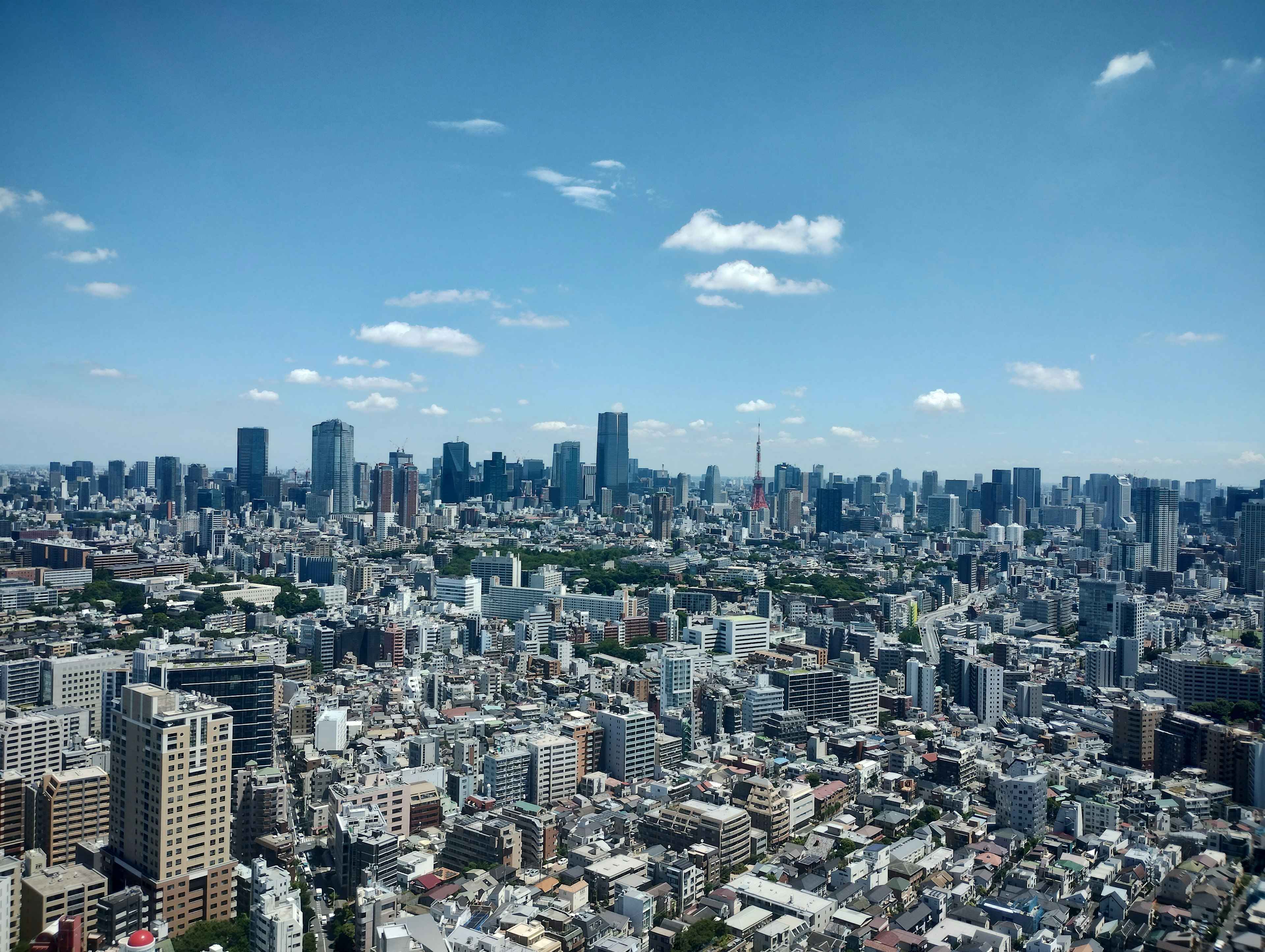 Amplio paisaje urbano de Tokio con rascacielos y cielo azul