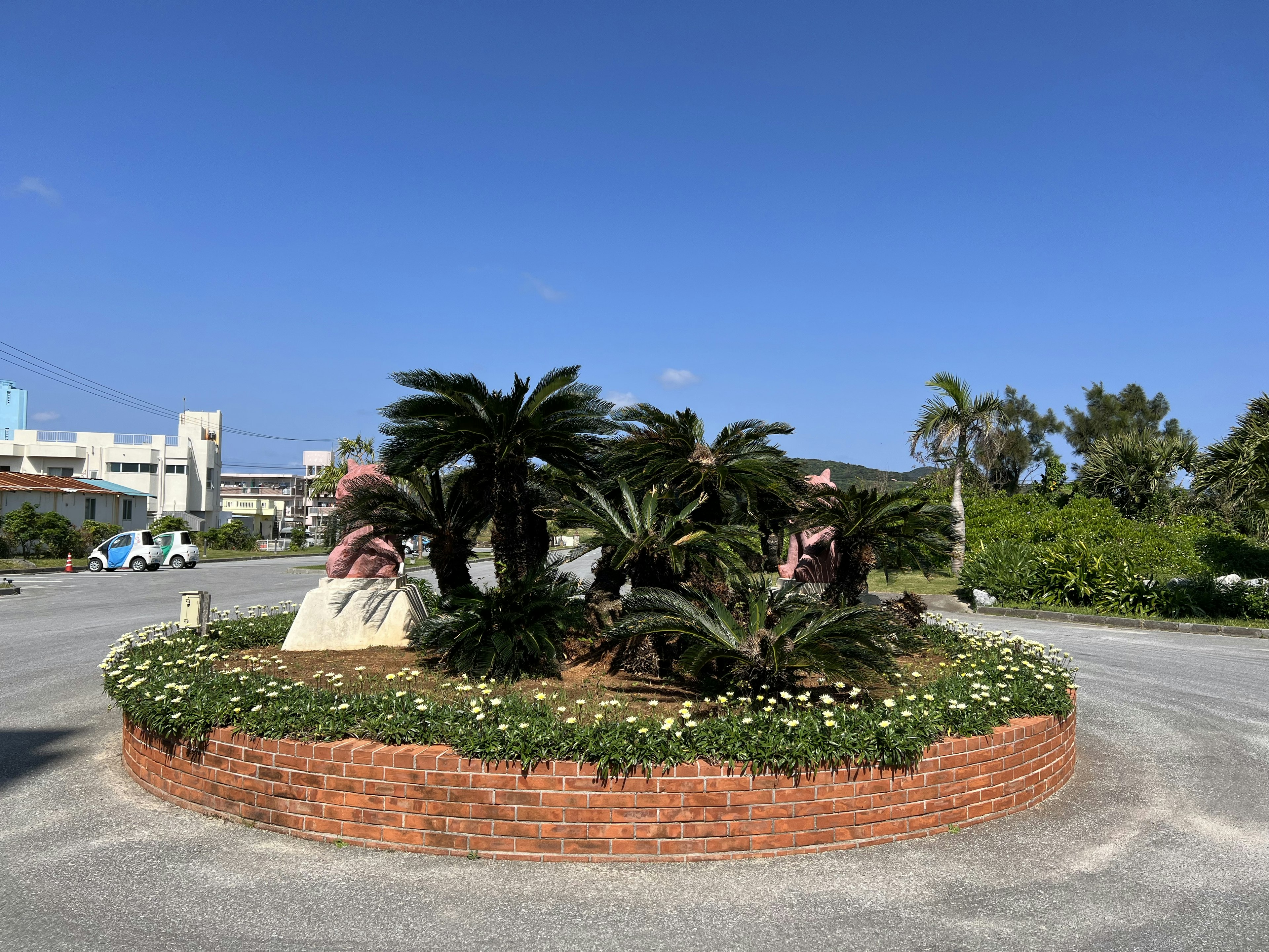 Roundabout with lush greenery and palm trees under a clear blue sky