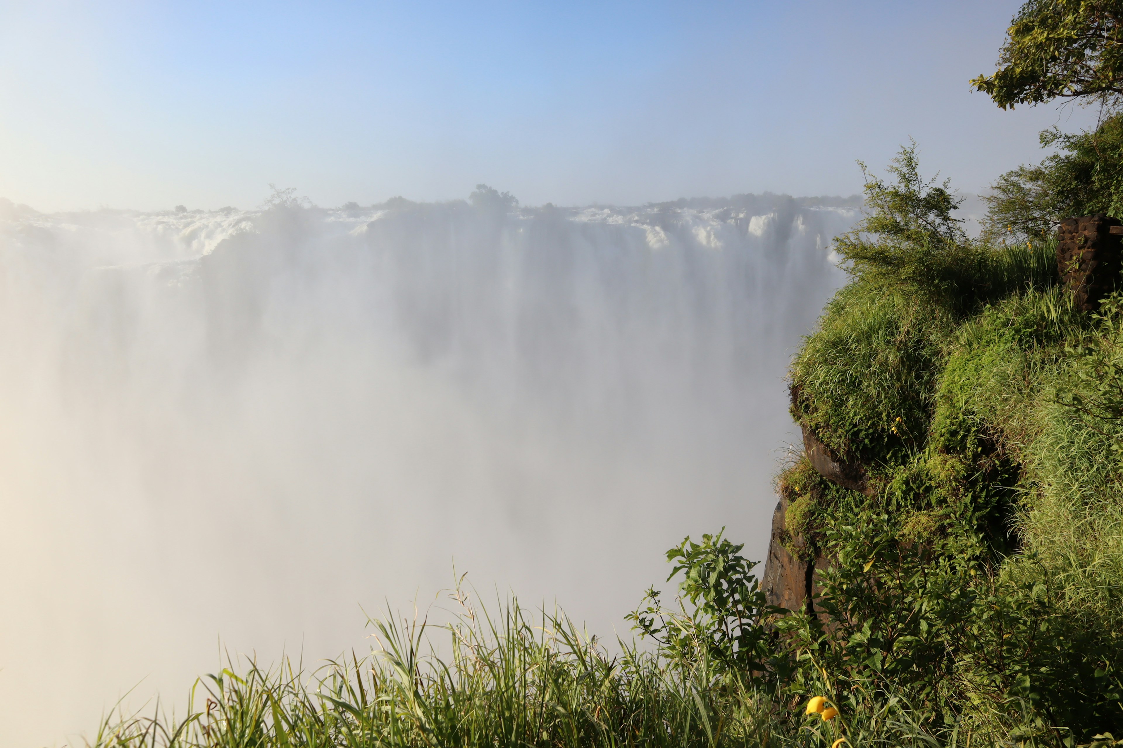 Blick auf die Victoriafälle mit Nebel und grünem Gras