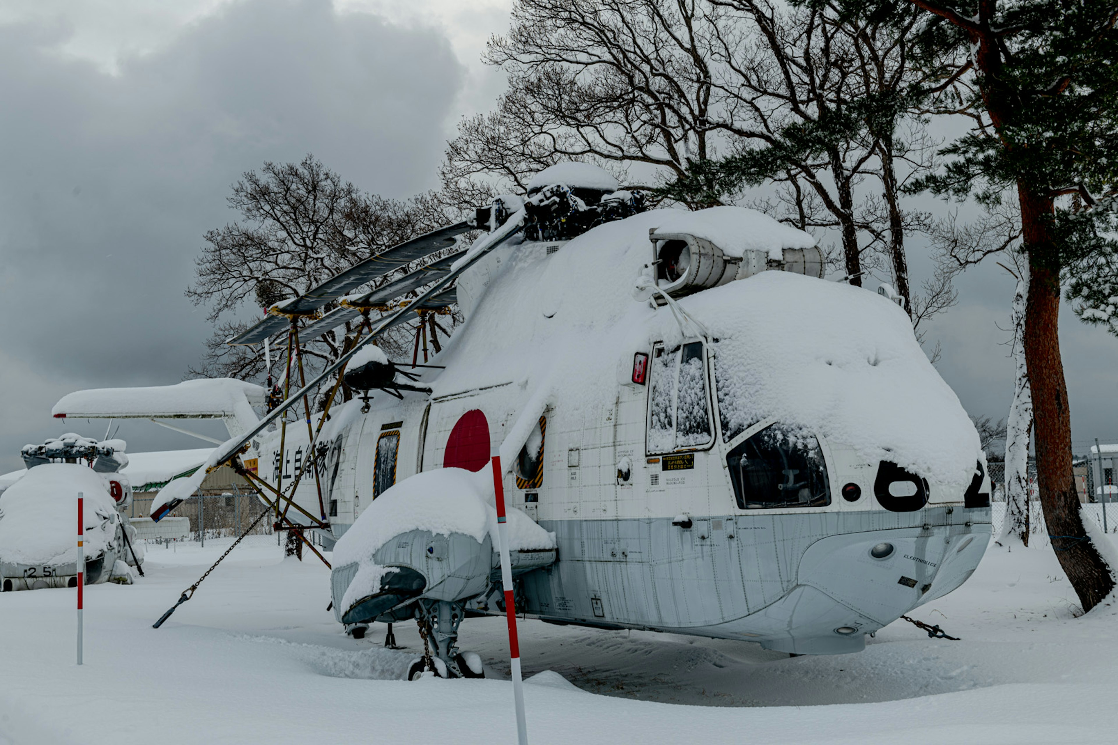 雪に覆われたヘリコプターが木々の間にある風景