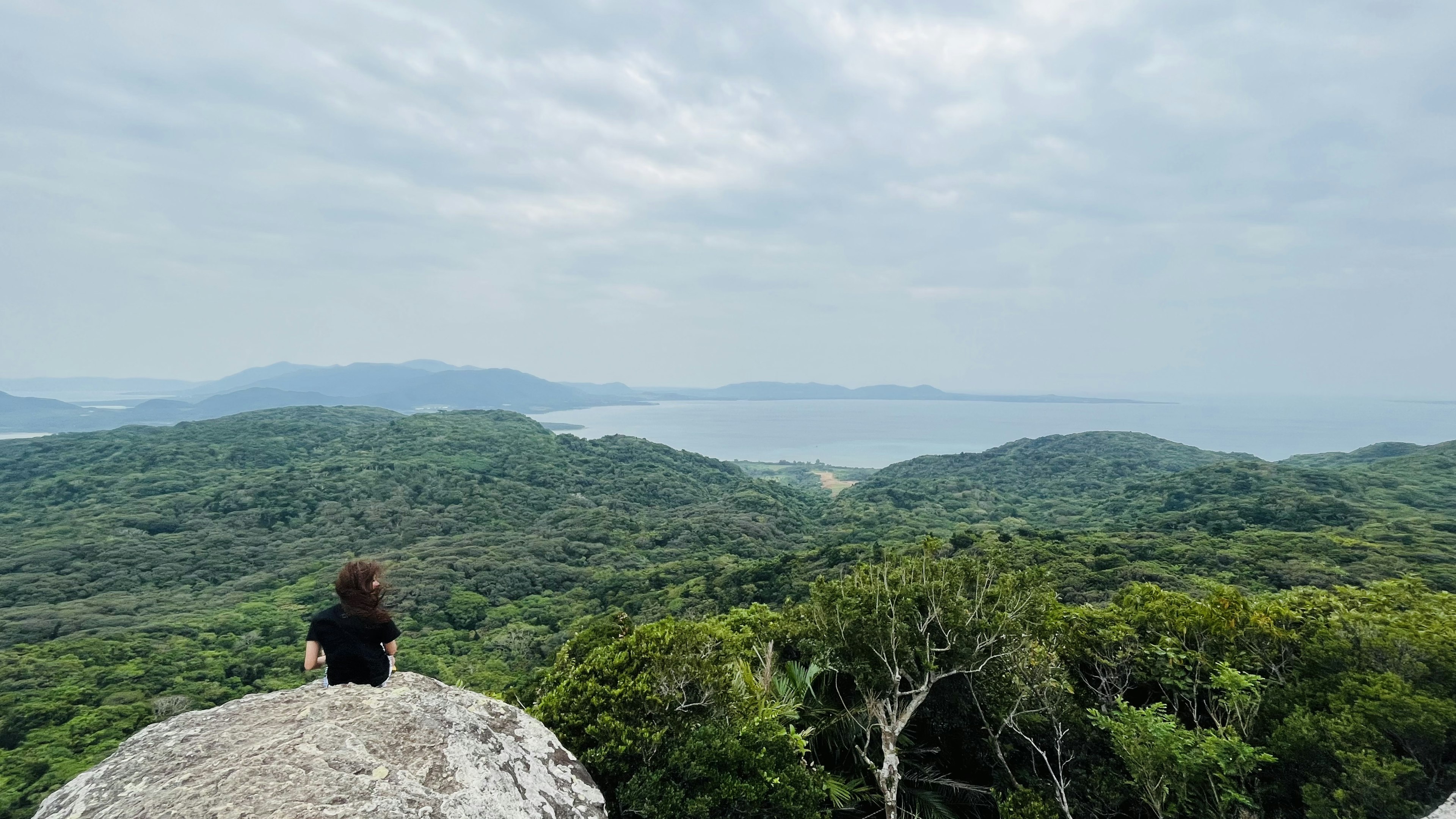 Person sitzt auf einem Felsen und blickt auf üppige grüne Hügel und das Meer