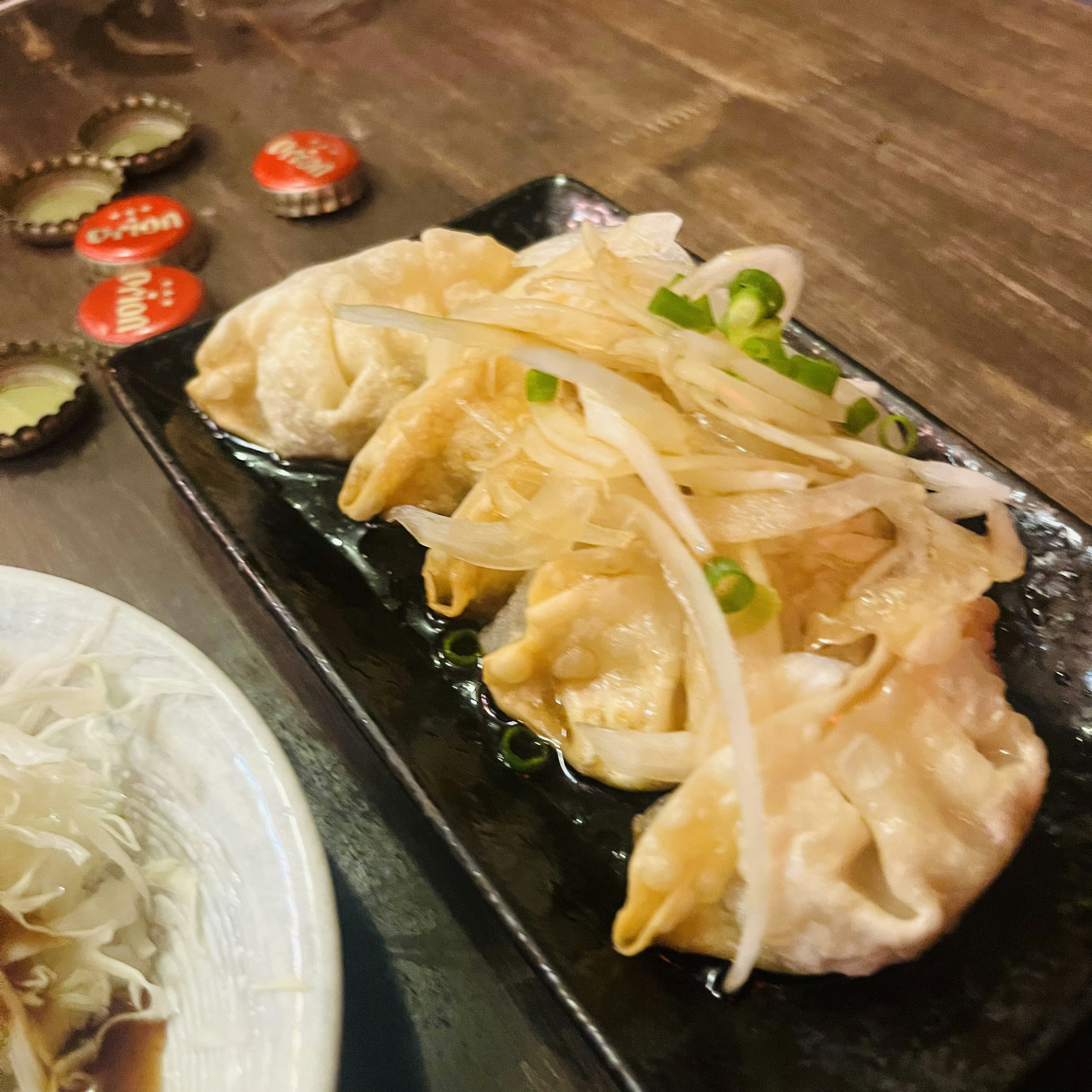 黒い皿に盛られた餃子とネギのトッピング