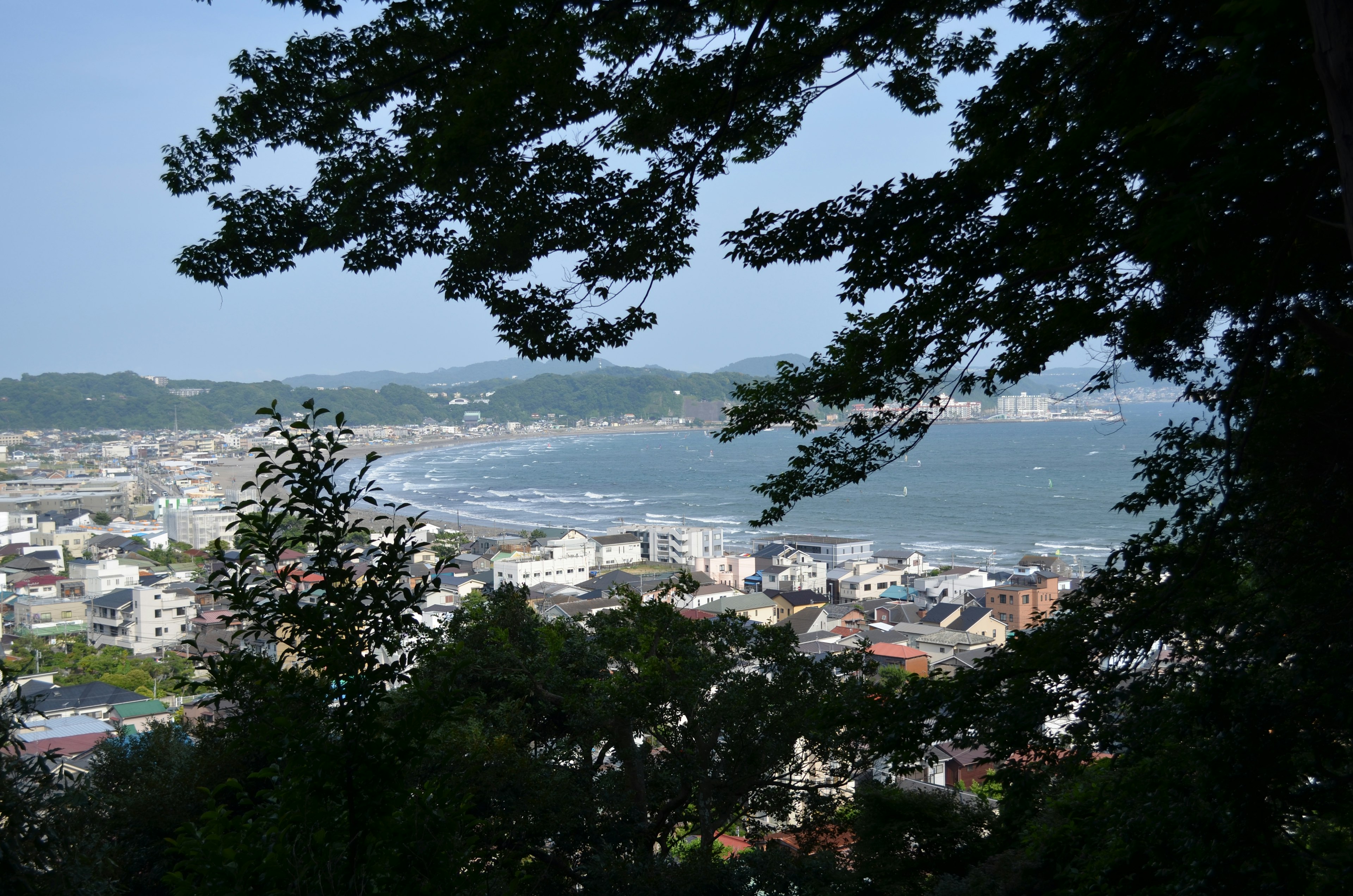 Scenic view of coastline and cityscape framed by trees